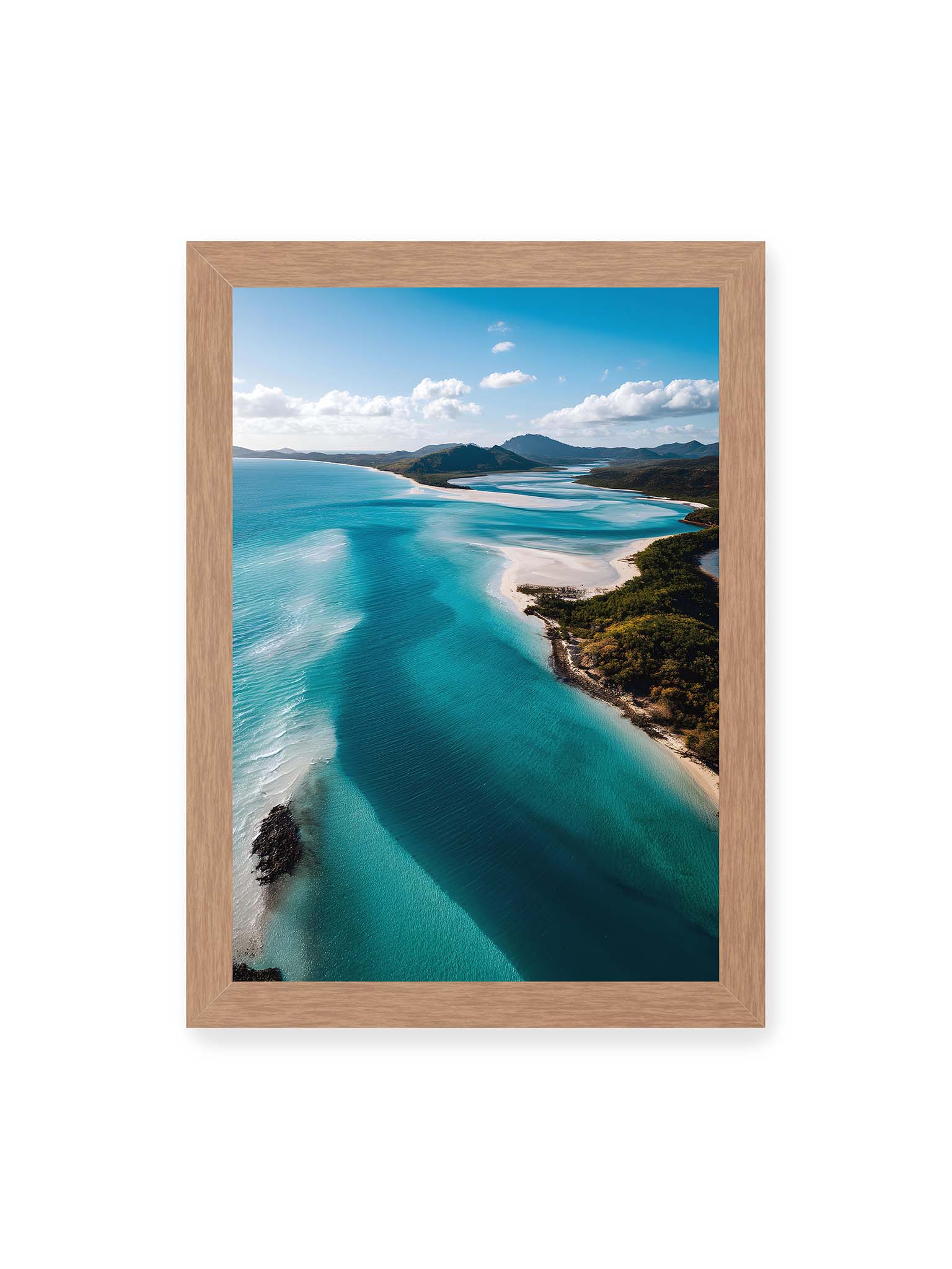 21x30 cm, Eichenrahmen – Luftaufnahme von türkisfarbenden Wasser und weißen Sandbänken des Whitehaven Beach.