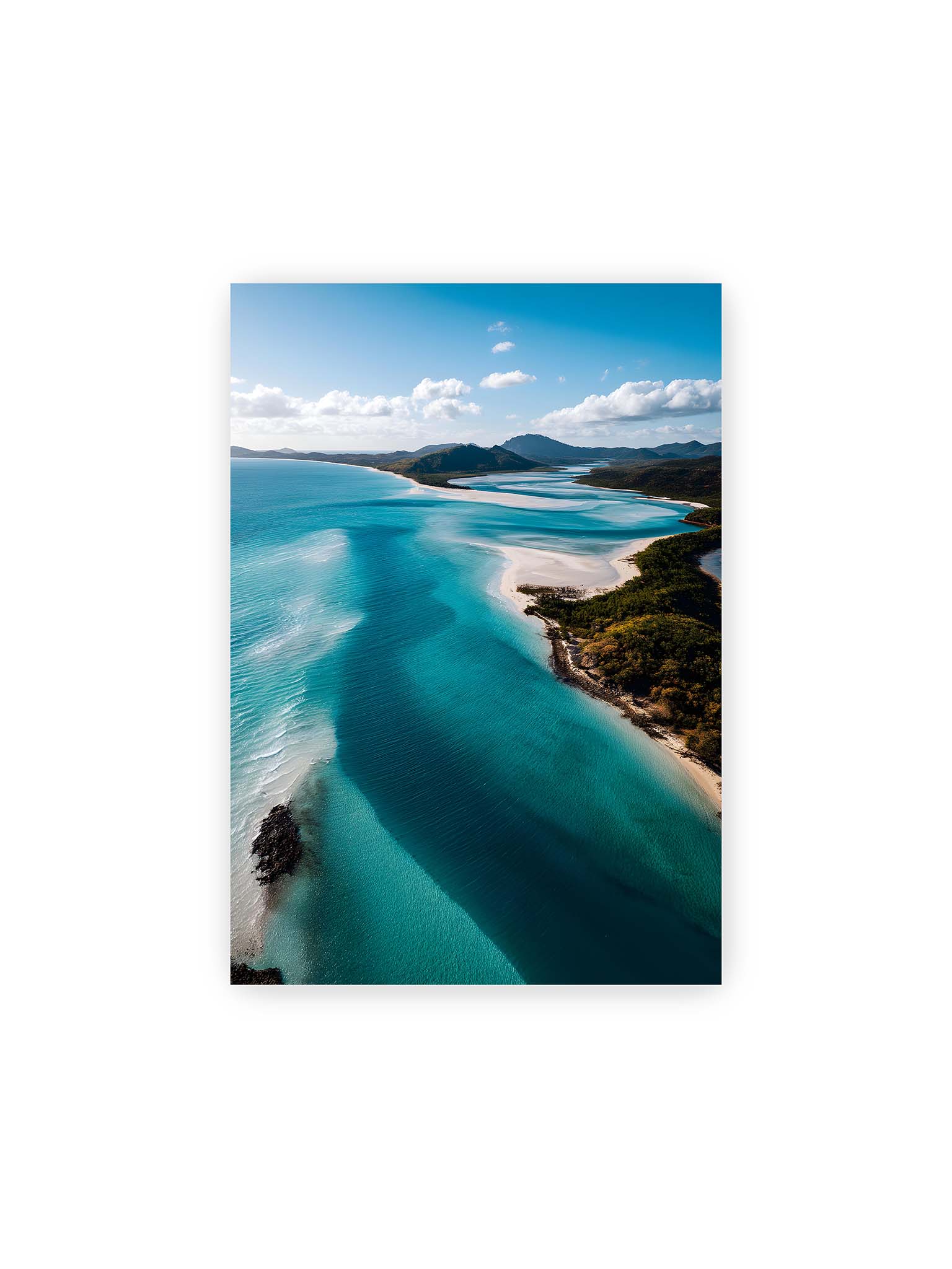 21x30 cm – Luftaufnahme von türkisfarbenden Wasser und weißen Sandbänken des Whitehaven Beach.