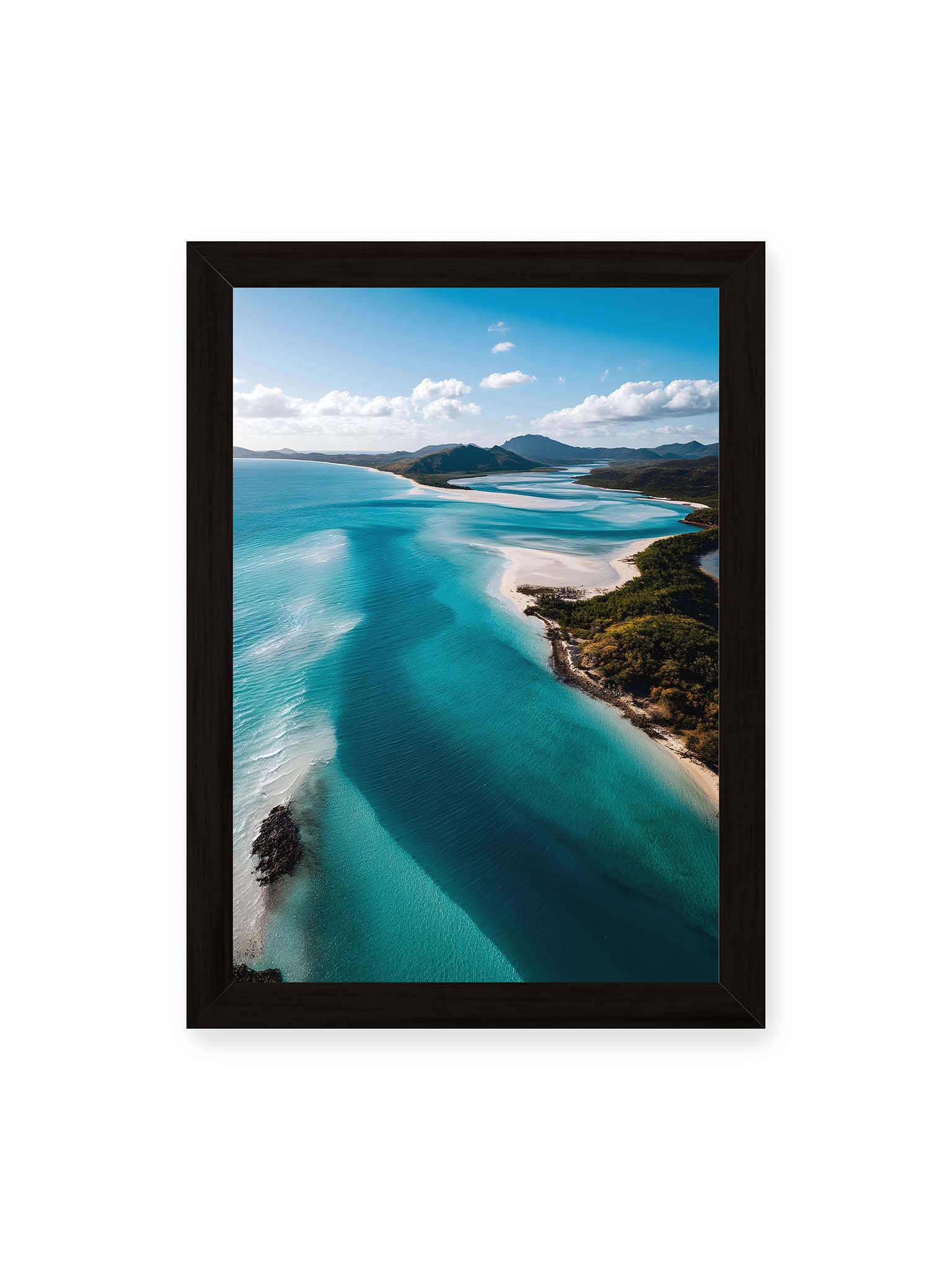 21x30 cm, schwarzer Rahmen – Luftaufnahme von türkisfarbenden Wasser und weißen Sandbänken des Whitehaven Beach.
