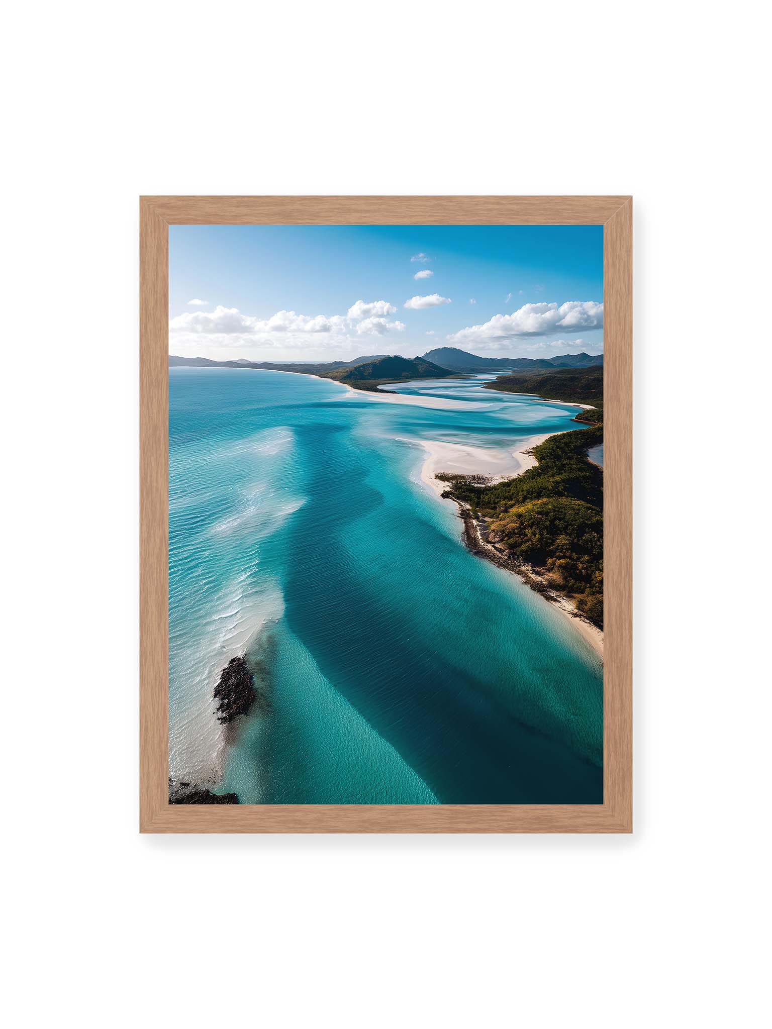 30x40 cm, Eichenrahmen – Luftaufnahme von türkisfarbenden Wasser und weißen Sandbänken des Whitehaven Beach.
