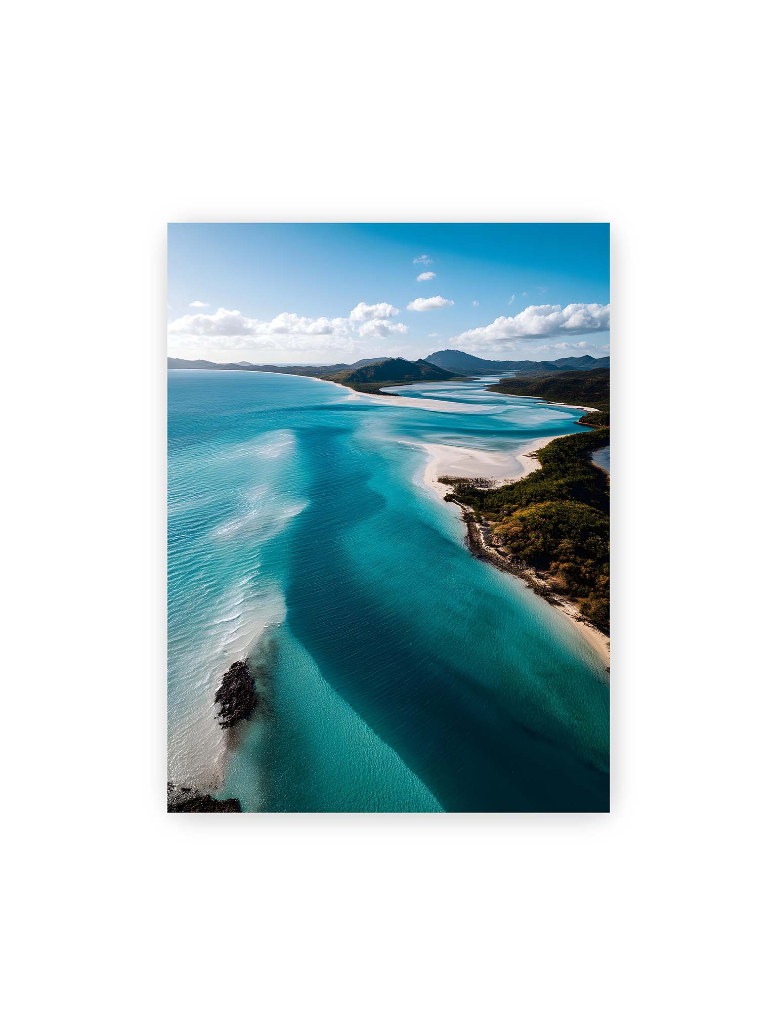 30x40 cm – Luftaufnahme von türkisfarbenden Wasser und weißen Sandbänken des Whitehaven Beach.