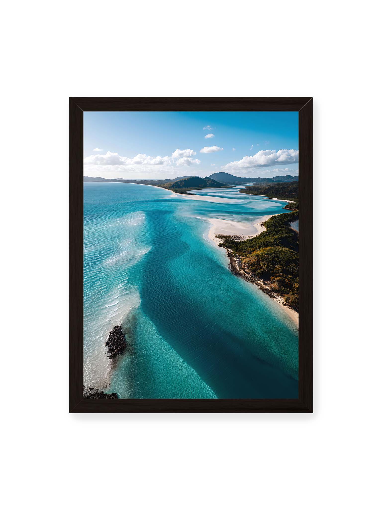 30x40 cm, schwarzer Rahmen – Luftaufnahme von türkisfarbenden Wasser und weißen Sandbänken des Whitehaven Beach.