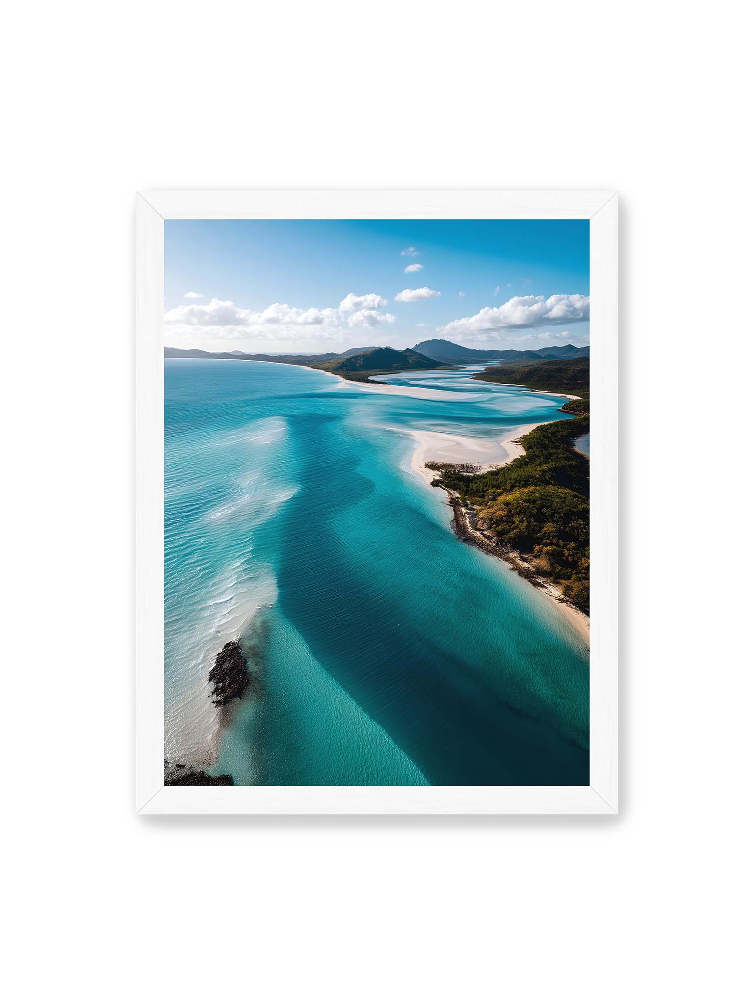30x40 cm, weißer Rahmen – Luftaufnahme von türkisfarbenden Wasser und weißen Sandbänken des Whitehaven Beach.