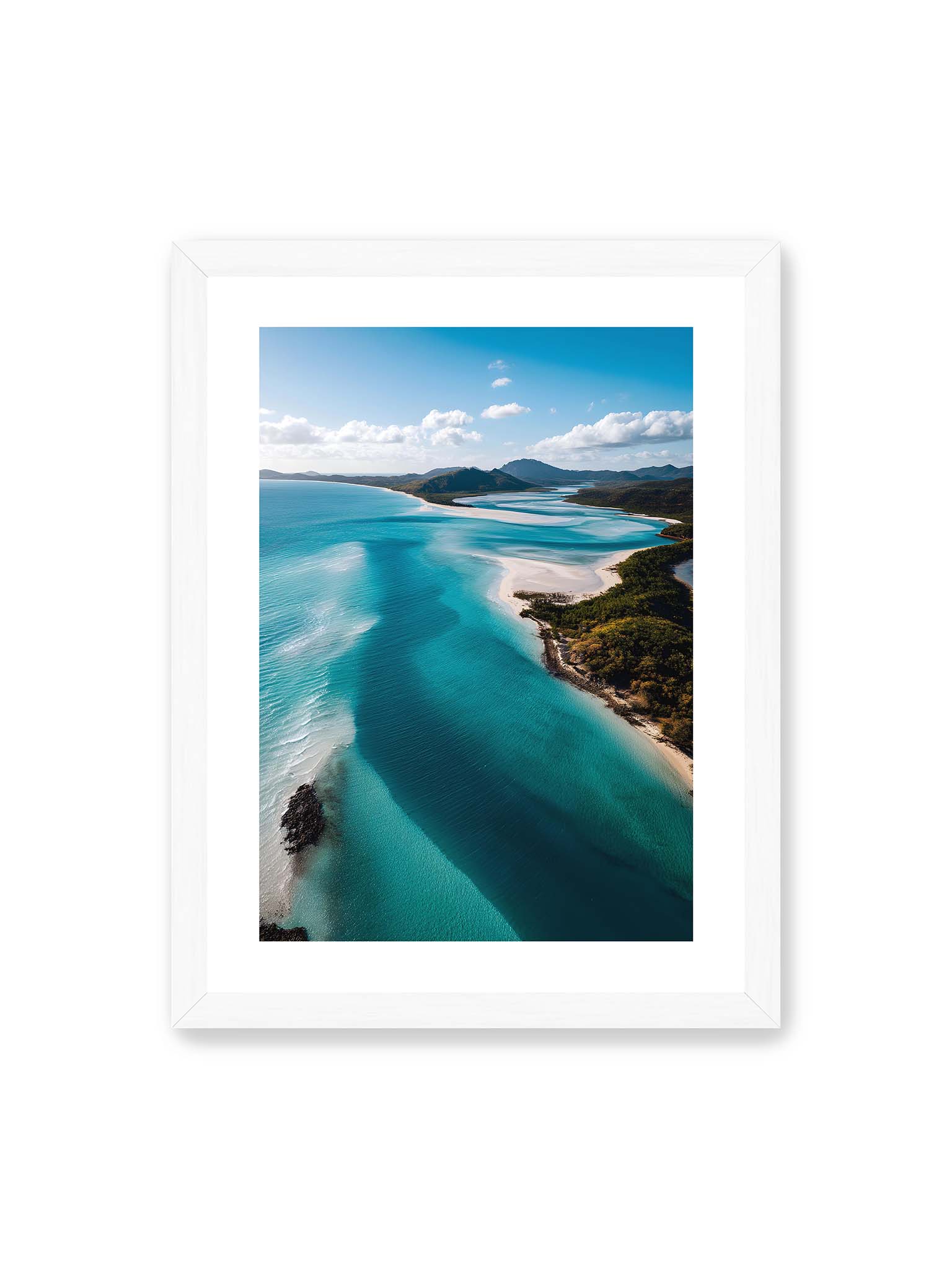 30x40 cm, weißer Galerie-Rand, weißer Rahmen – Luftaufnahme von türkisfarbenden Wasser und weißen Sandbänken des Whitehaven Beach.