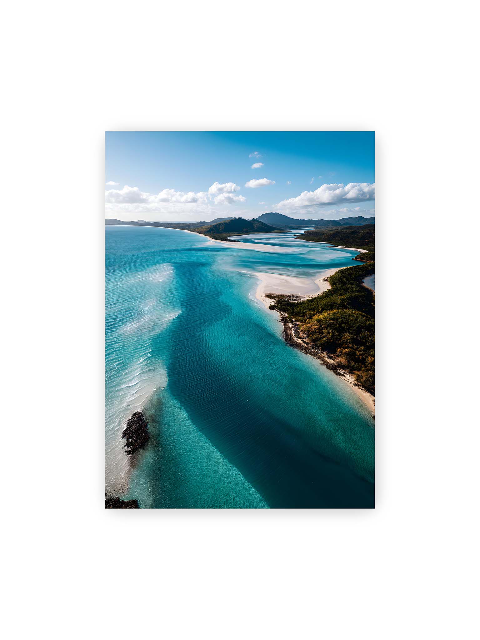 50x70 cm – Luftaufnahme von türkisfarbenden Wasser und weißen Sandbänken des Whitehaven Beach.