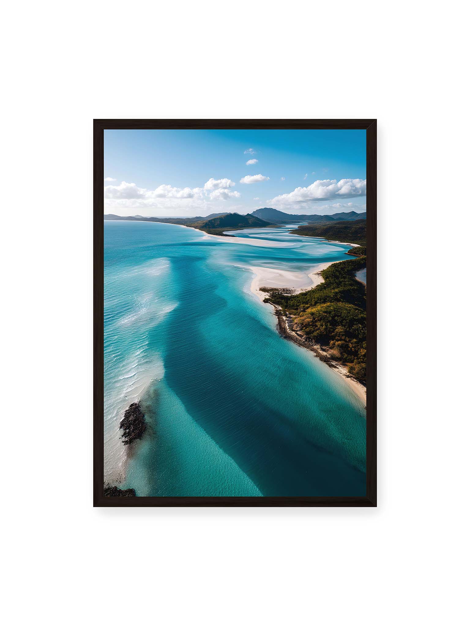 50x70 cm, schwarzer Rahmen – Luftaufnahme von türkisfarbenden Wasser und weißen Sandbänken des Whitehaven Beach.