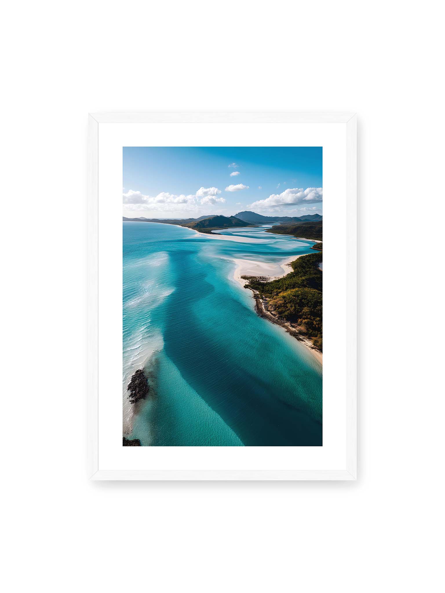 50x70 cm, weißer Galerie-Rand, weißer Rahmen – Luftaufnahme von türkisfarbenden Wasser und weißen Sandbänken des Whitehaven Beach.