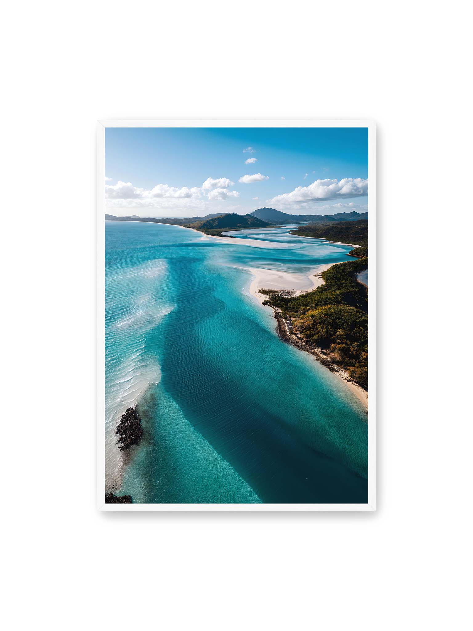 70x100 cm, weißer Rahmen – Luftaufnahme von türkisfarbenden Wasser und weißen Sandbänken des Whitehaven Beach.