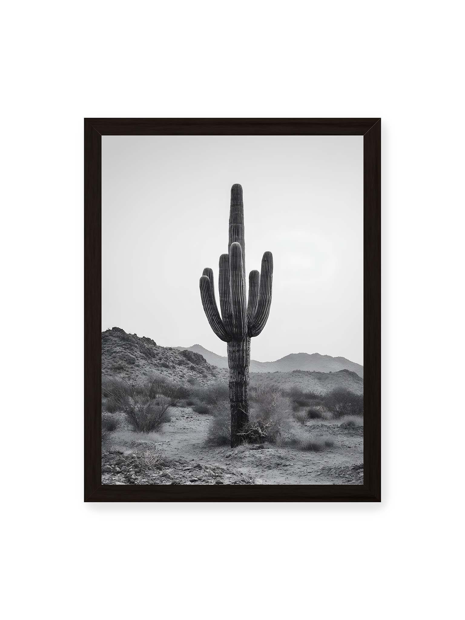 30x40 cm, schwarzer Rahmen – Einzelner hoher Kaktus in monochromer Wüstenlandschaft mit Bergen im Hintergrund.