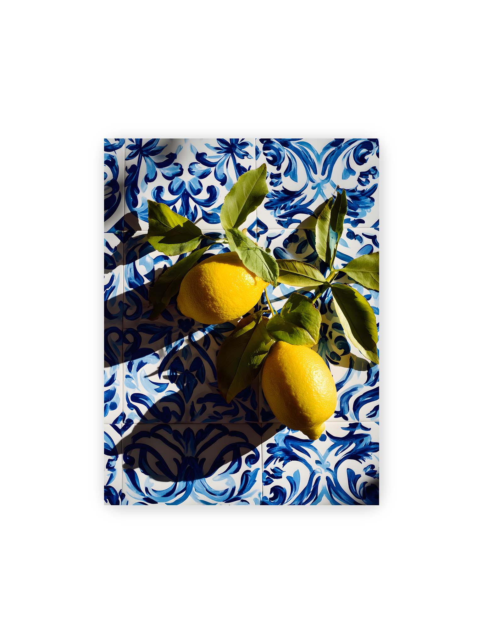 30x40 cm – Zitronen mit Blättern auf blau gemusterten Fliesen mit starkem Licht und klaren Schatten.