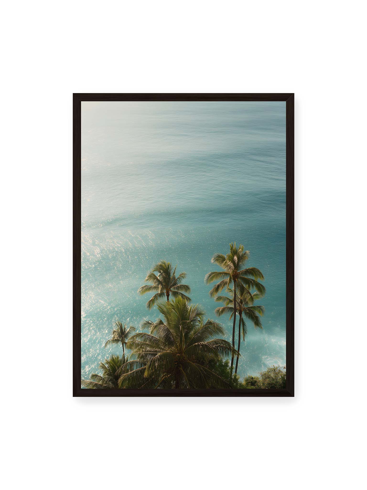 50x70 cm, schwarzer Rahmen – Palmen vor schimmerndem, türkisfarbenem Meer mit sanftem Licht und ruhiger Wasseroberfläche.