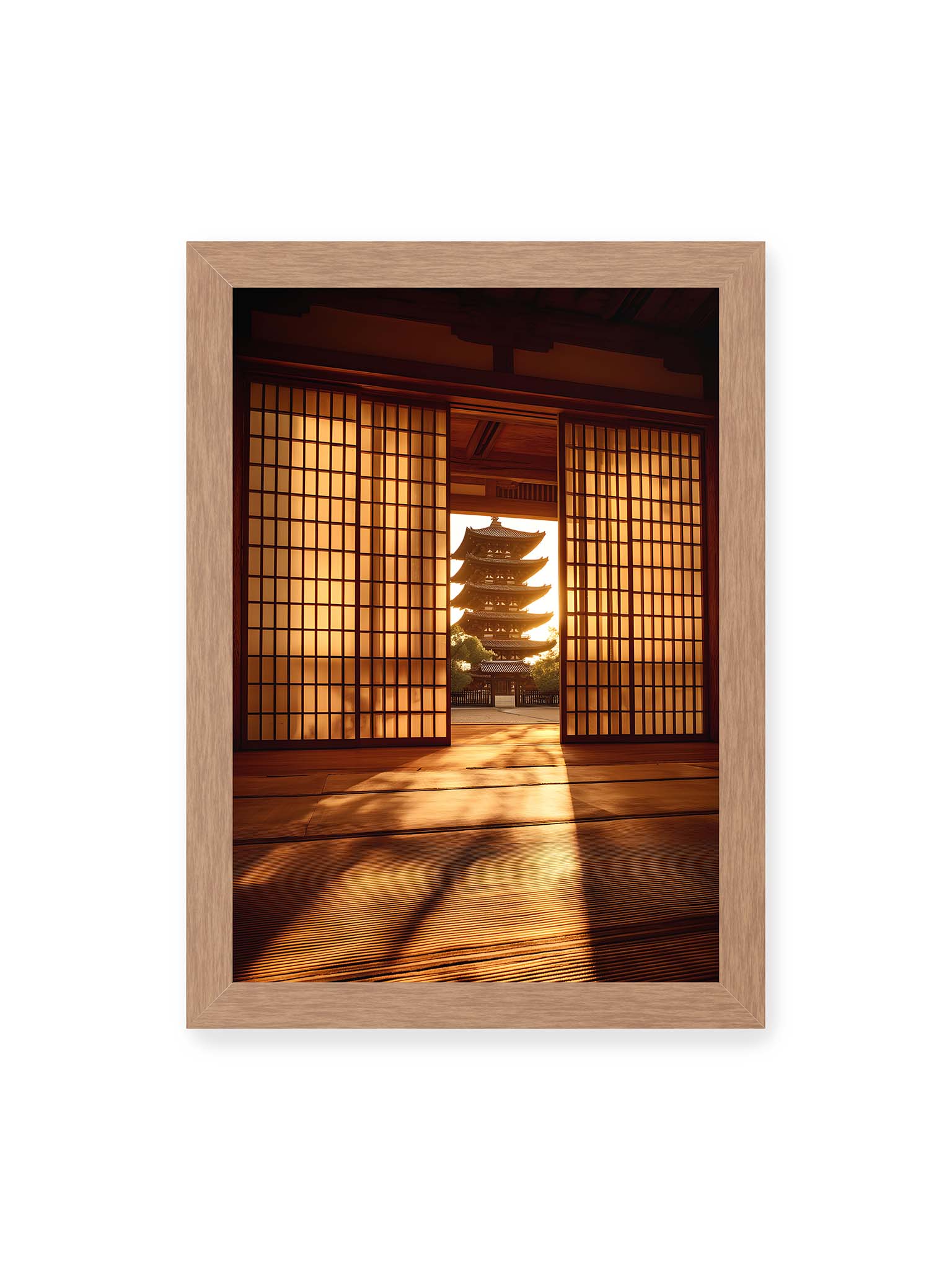 21x30 cm, Eichenrahmen – Blick durch geöffnete Shoji-Türen auf Pagode im warmen Licht mit langen Schatten im Innenraum.