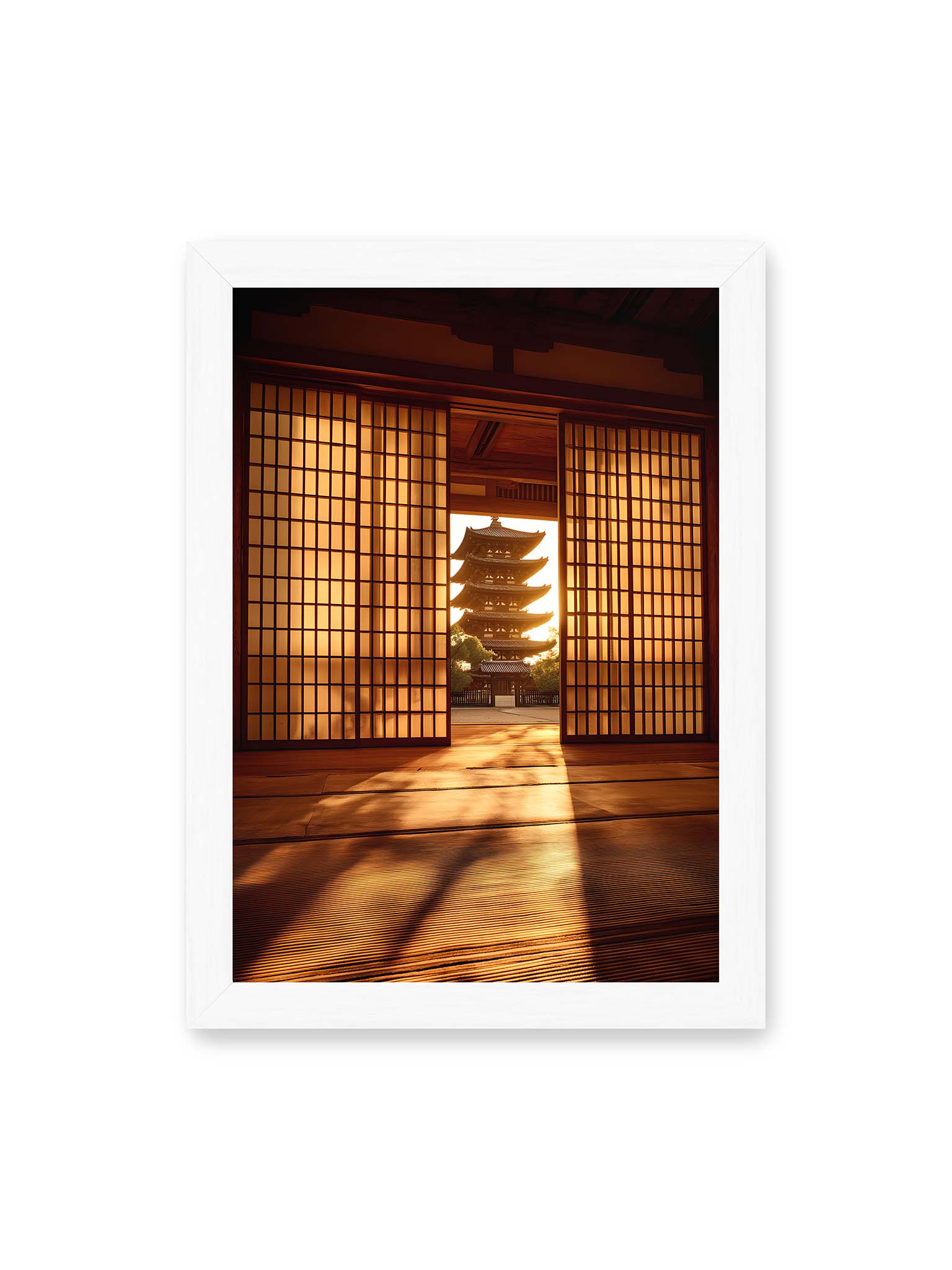 21x30 cm, weißer Rahmen – Blick durch geöffnete Shoji-Türen auf Pagode im warmen Licht mit langen Schatten im Innenraum.