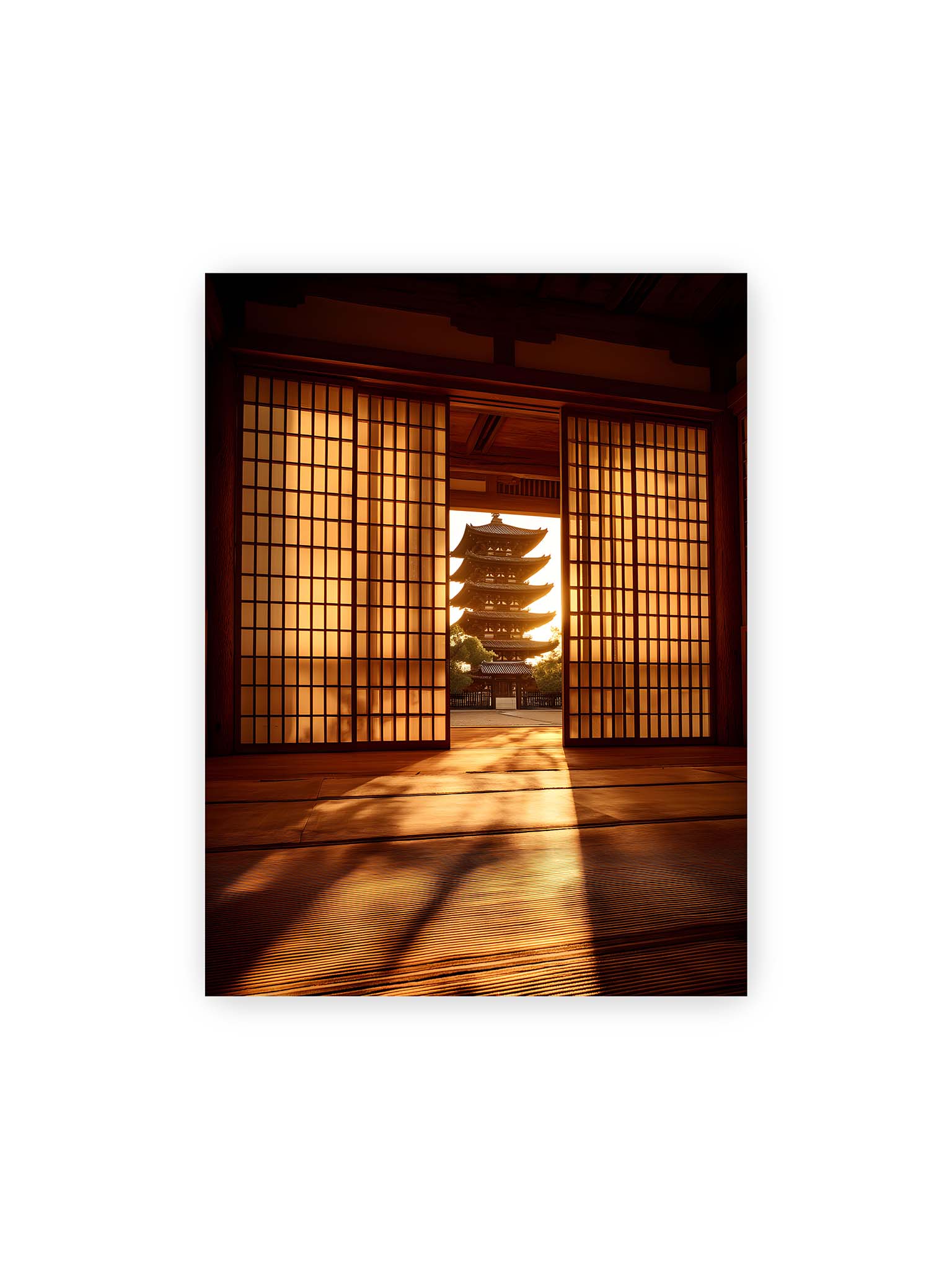 30x40 cm – Blick durch geöffnete Shoji-Türen auf Pagode im warmen Licht mit langen Schatten im Innenraum.