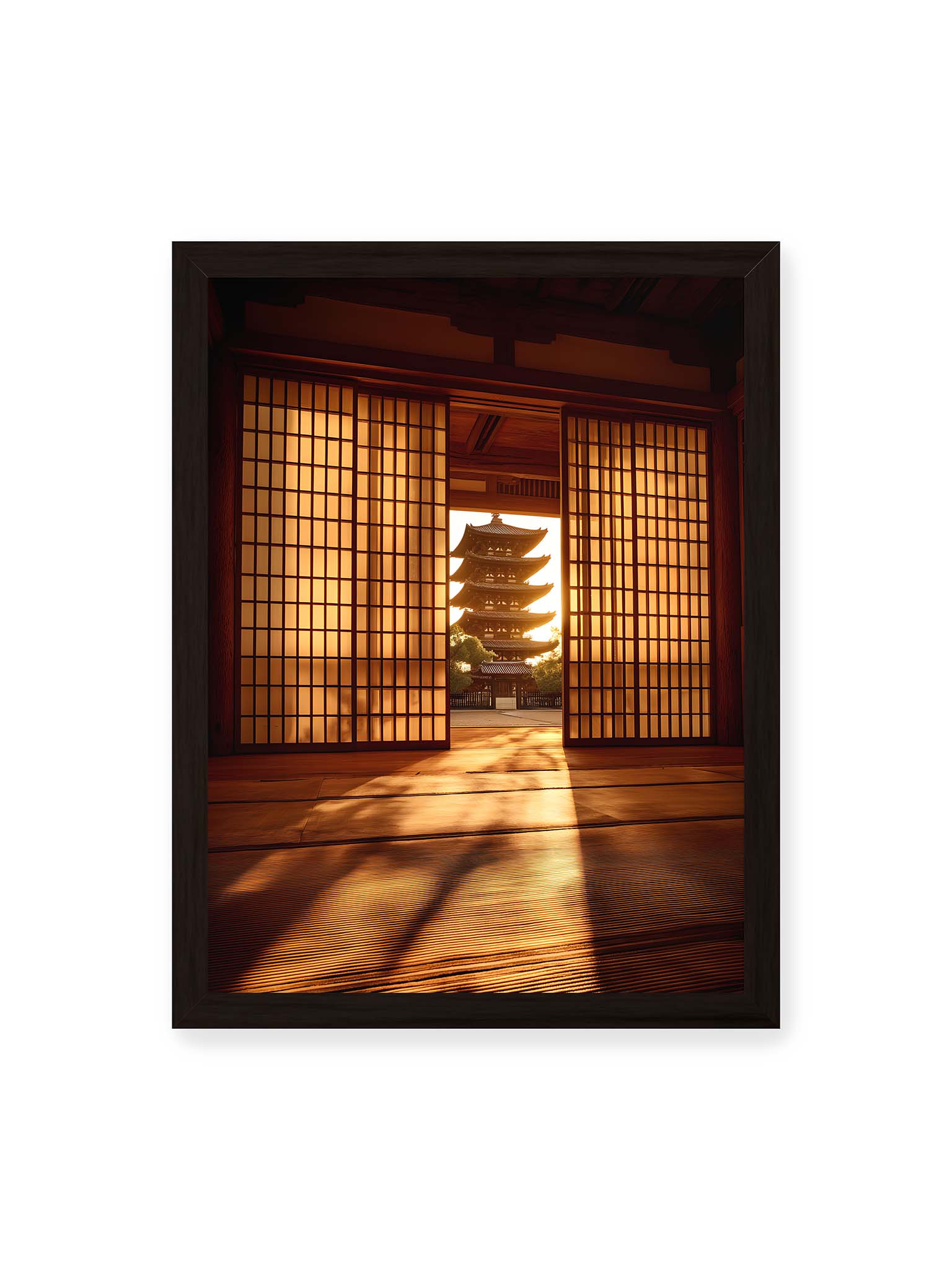 30x40 cm, schwarzer Rahmen – Blick durch geöffnete Shoji-Türen auf Pagode im warmen Licht mit langen Schatten im Innenraum.