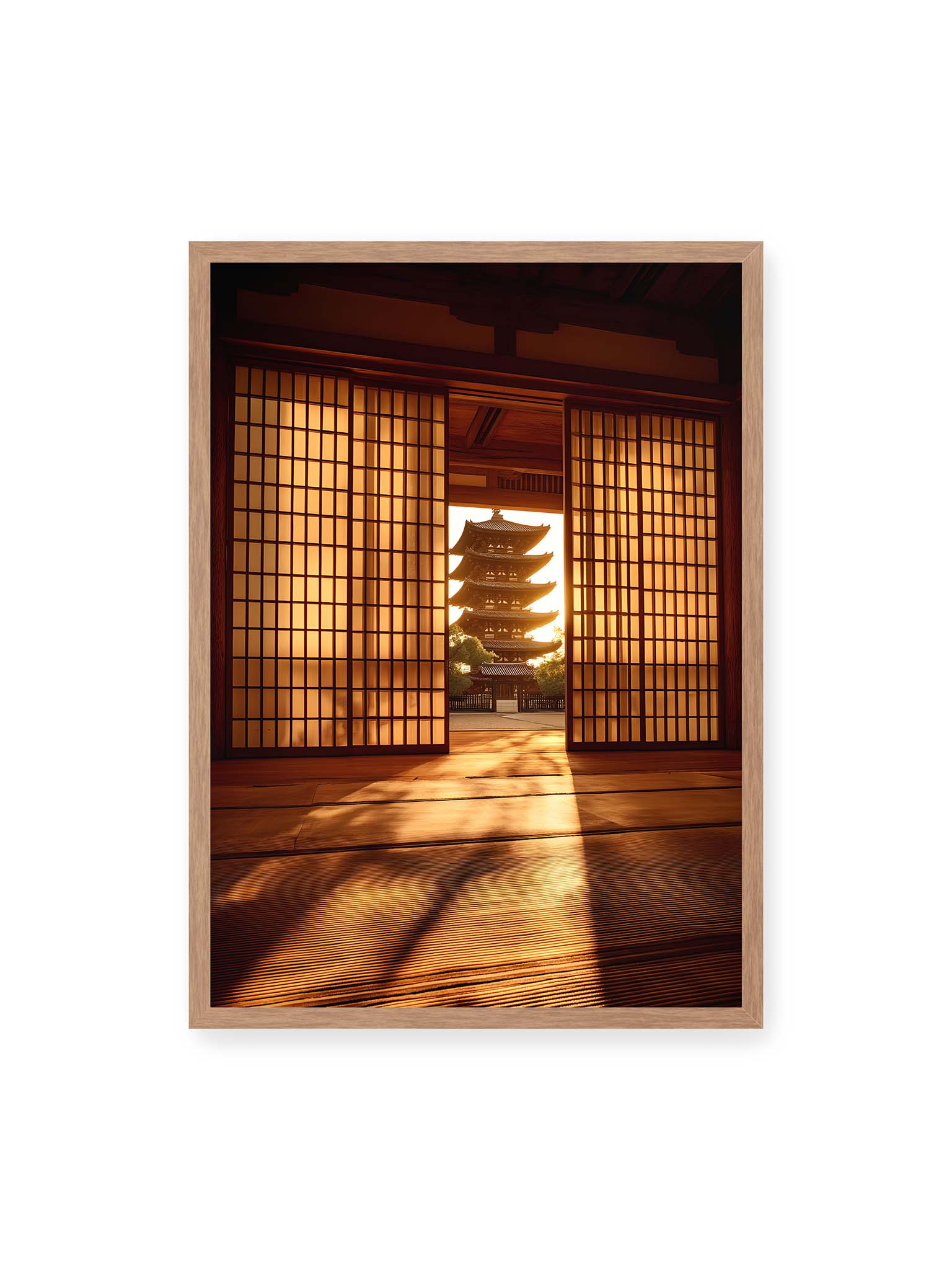 50x70 cm, Eichenrahmen – Blick durch geöffnete Shoji-Türen auf Pagode im warmen Licht mit langen Schatten im Innenraum.