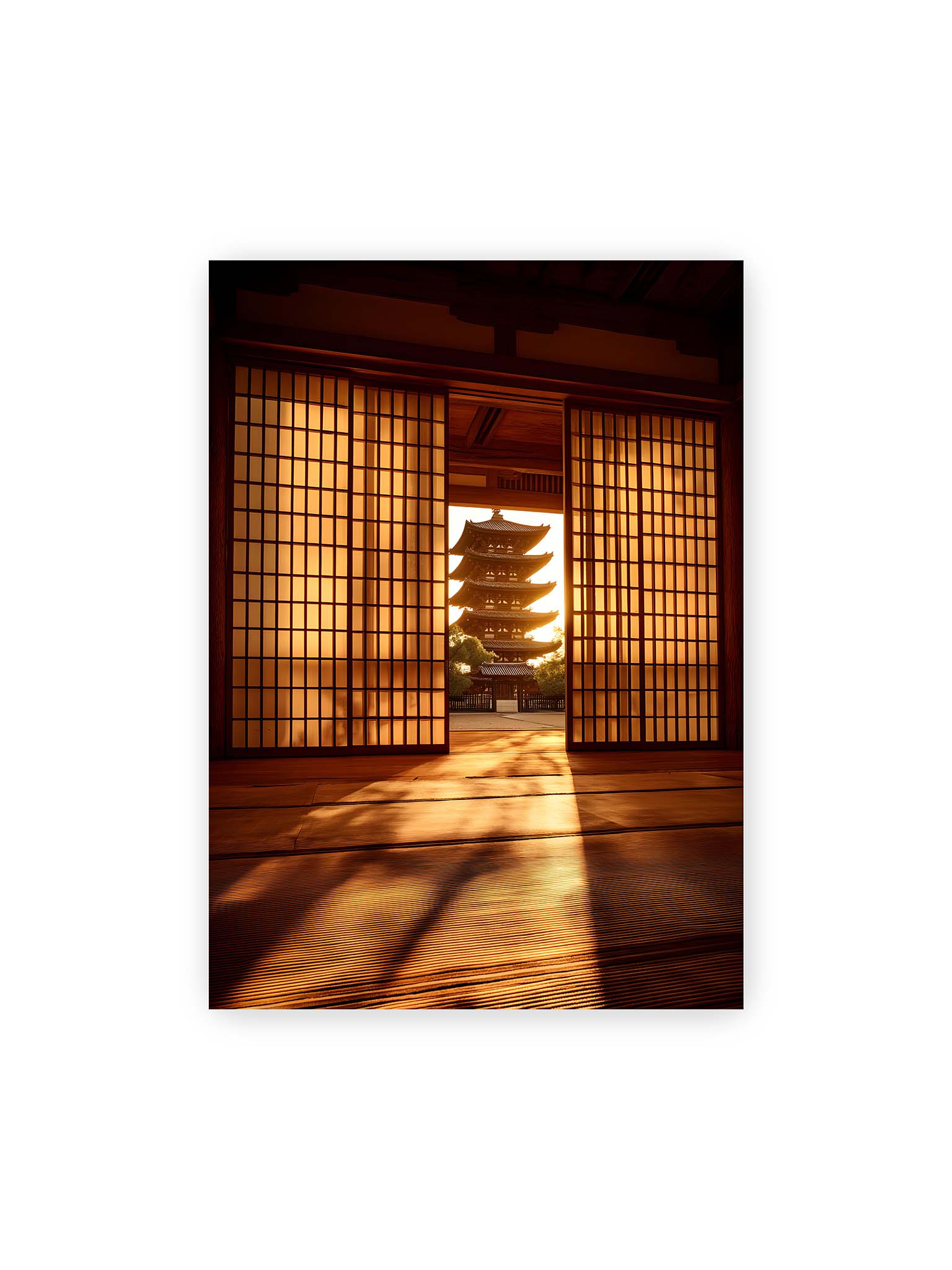 50x70 cm – Blick durch geöffnete Shoji-Türen auf Pagode im warmen Licht mit langen Schatten im Innenraum.