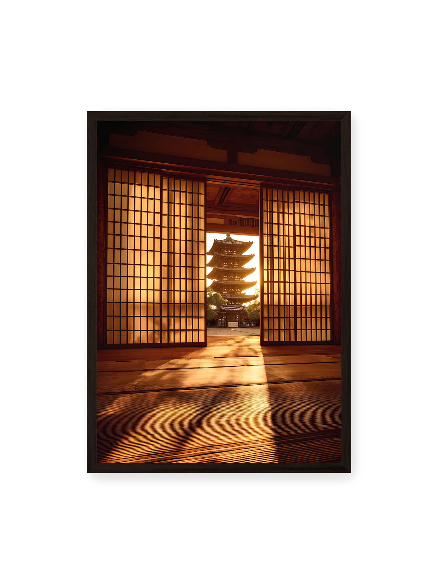 50x70 cm, schwarzer Rahmen – Blick durch geöffnete Shoji-Türen auf Pagode im warmen Licht mit langen Schatten im Innenraum.