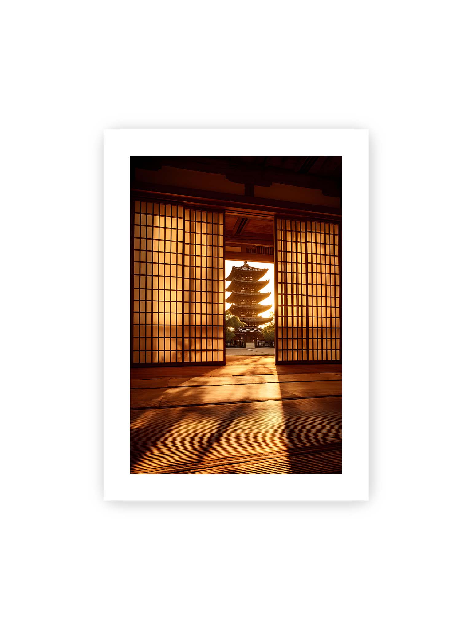 50x70 cm, weißer Galerie-Rand – Blick durch geöffnete Shoji-Türen auf Pagode im warmen Licht mit langen Schatten im Innenraum.