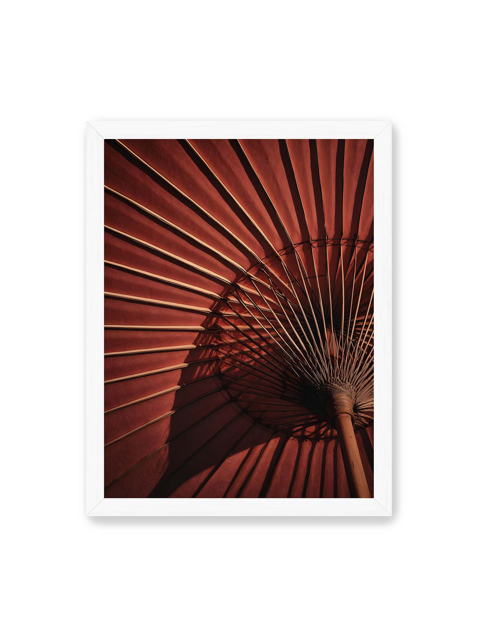 30x40 cm, weißer Rahmen – Detail eines roten japanischen Sonnenschirms, dem Wagasa, mit radialen Streben und starkem Licht-Schatten-Spiel.
