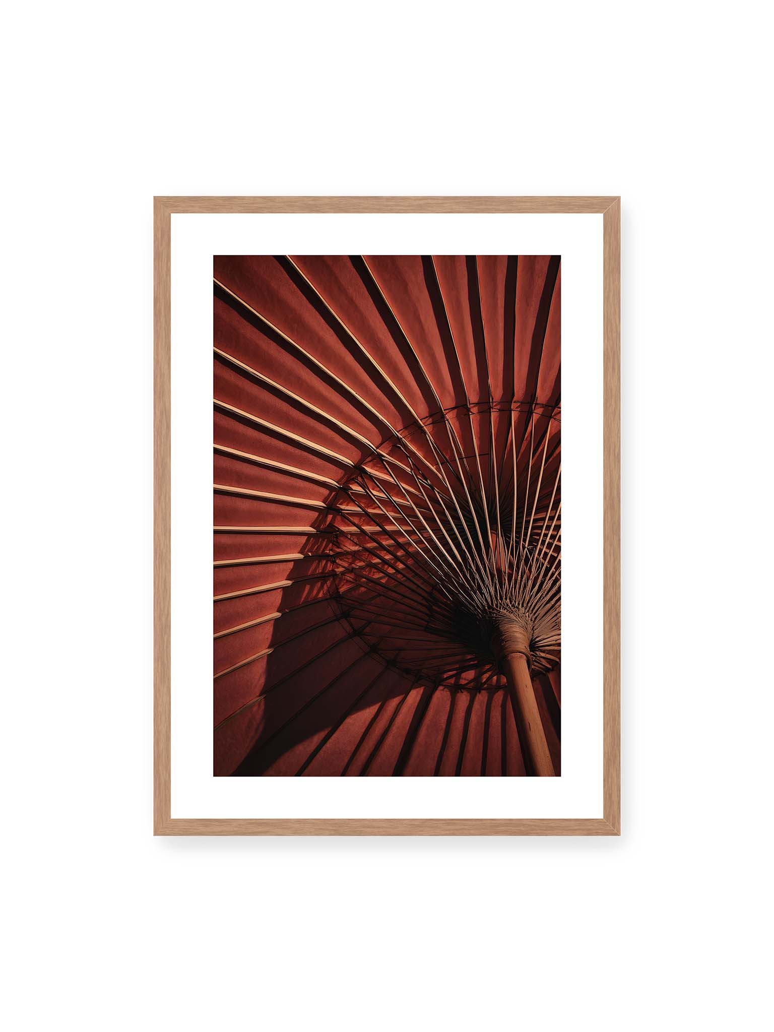50x70 cm, weißer Galerie-Rand, Eichenrahmen – Detail eines roten japanischen Sonnenschirms, dem Wagasa, mit radialen Streben und starkem Licht-Schatten-Spiel.