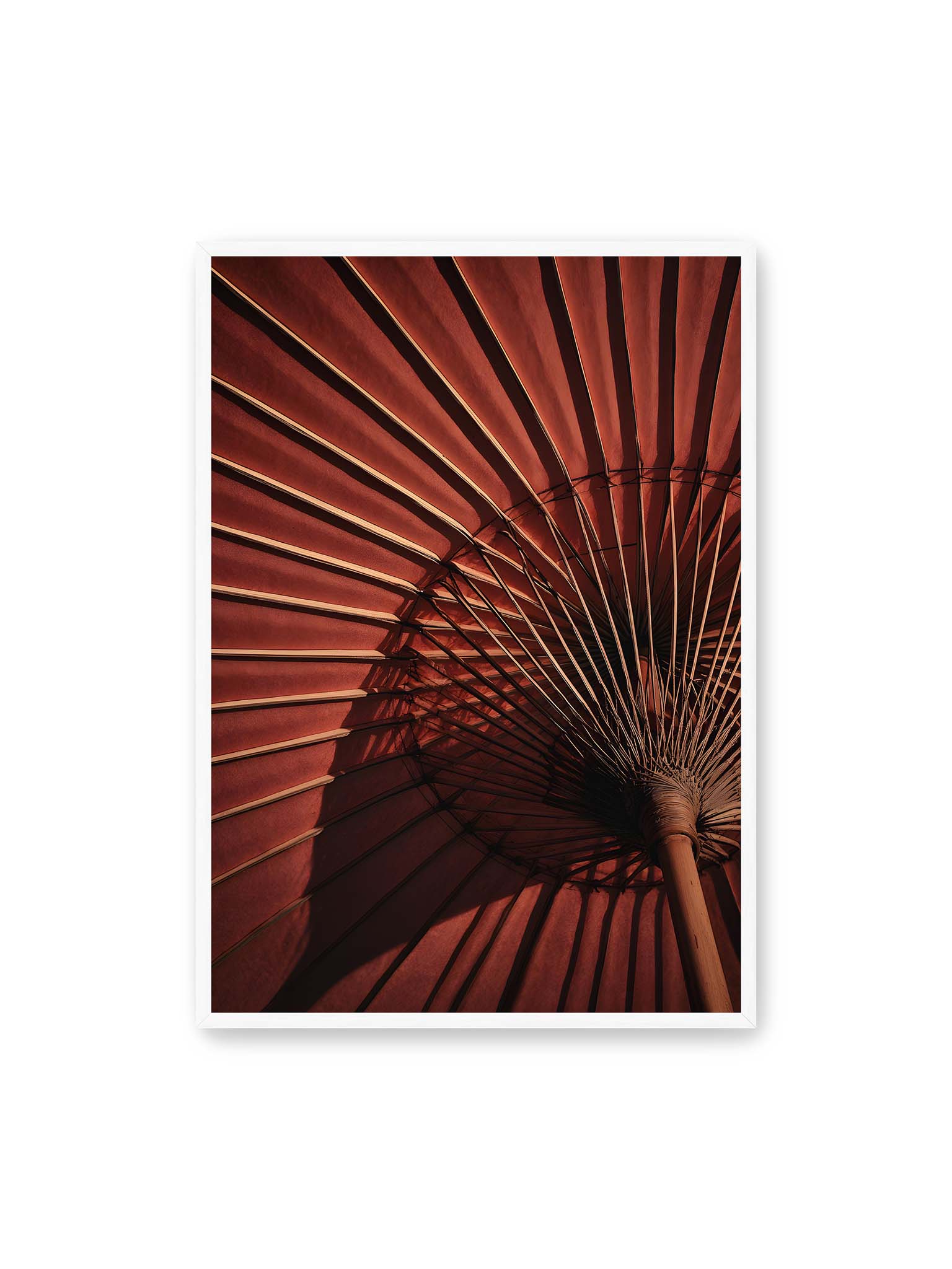 70x100 cm, weißer Rahmen – Detail eines roten japanischen Sonnenschirms, dem Wagasa, mit radialen Streben und starkem Licht-Schatten-Spiel.