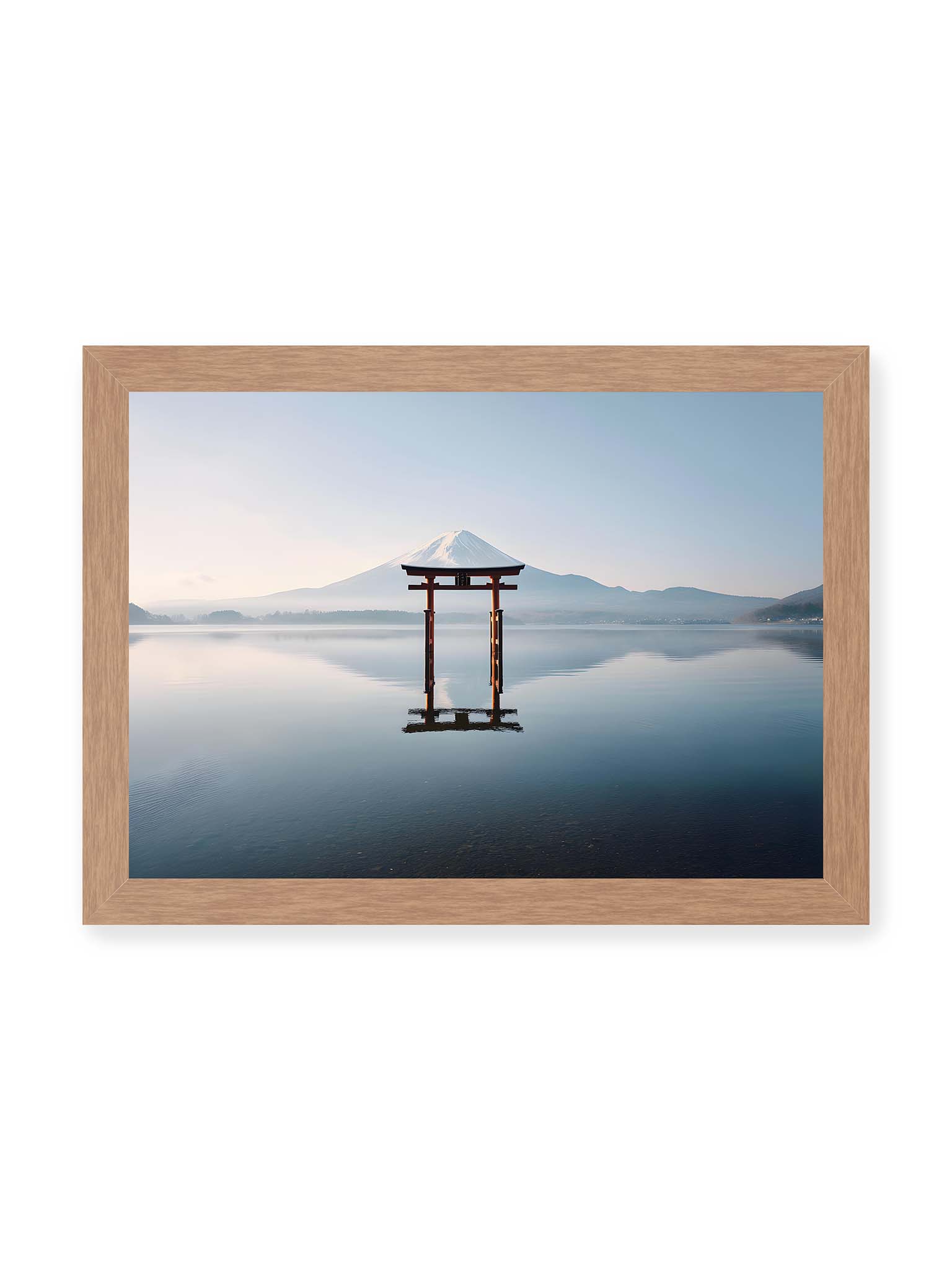 21x30 cm, Eichenrahmen – Torii-Tor steht im ruhigen Wasser mit Spiegelung vor dem Mount Fuji im Hintergrund unter klarem Himmel.