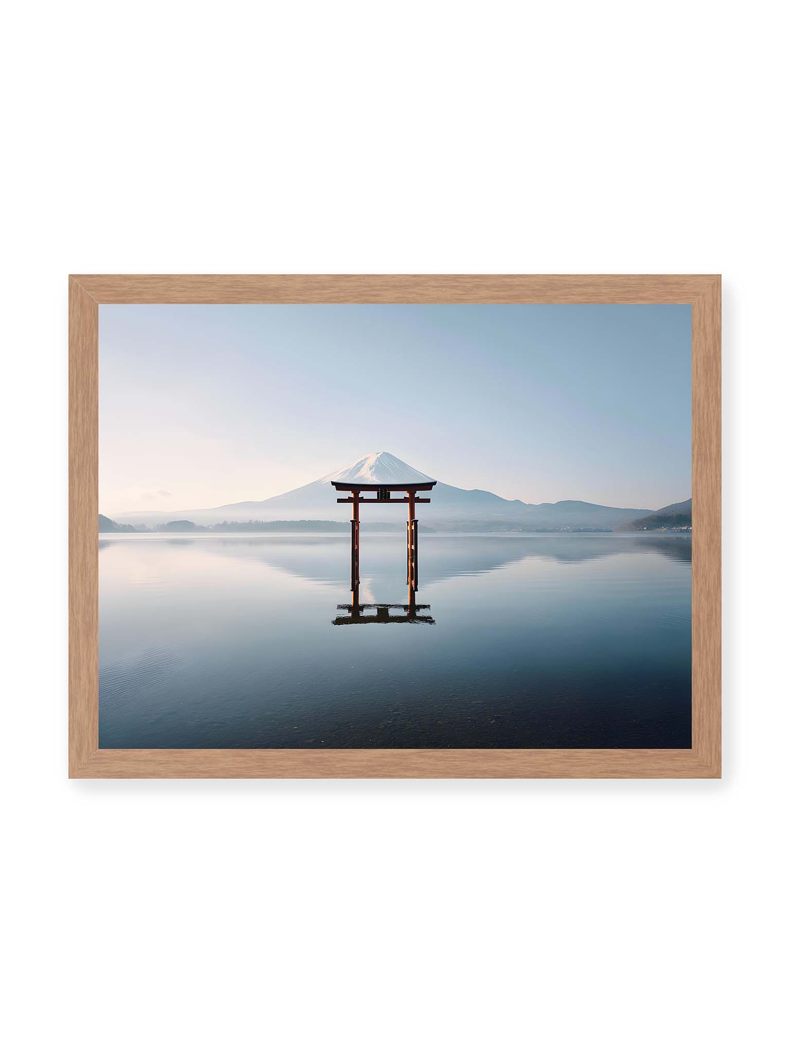 30x40 cm, Eichenrahmen – Torii-Tor steht im ruhigen Wasser mit Spiegelung vor dem Mount Fuji im Hintergrund unter klarem Himmel.