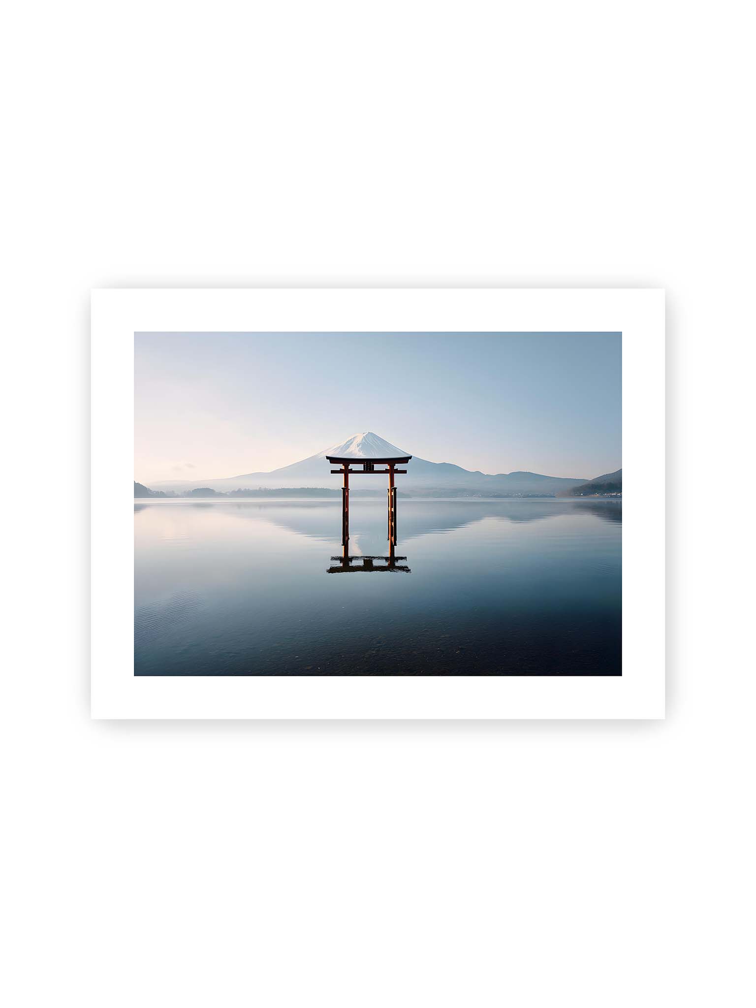 30x40 cm, weißer Galerie-Rand – Torii-Tor steht im ruhigen Wasser mit Spiegelung vor dem Mount Fuji im Hintergrund unter klarem Himmel.