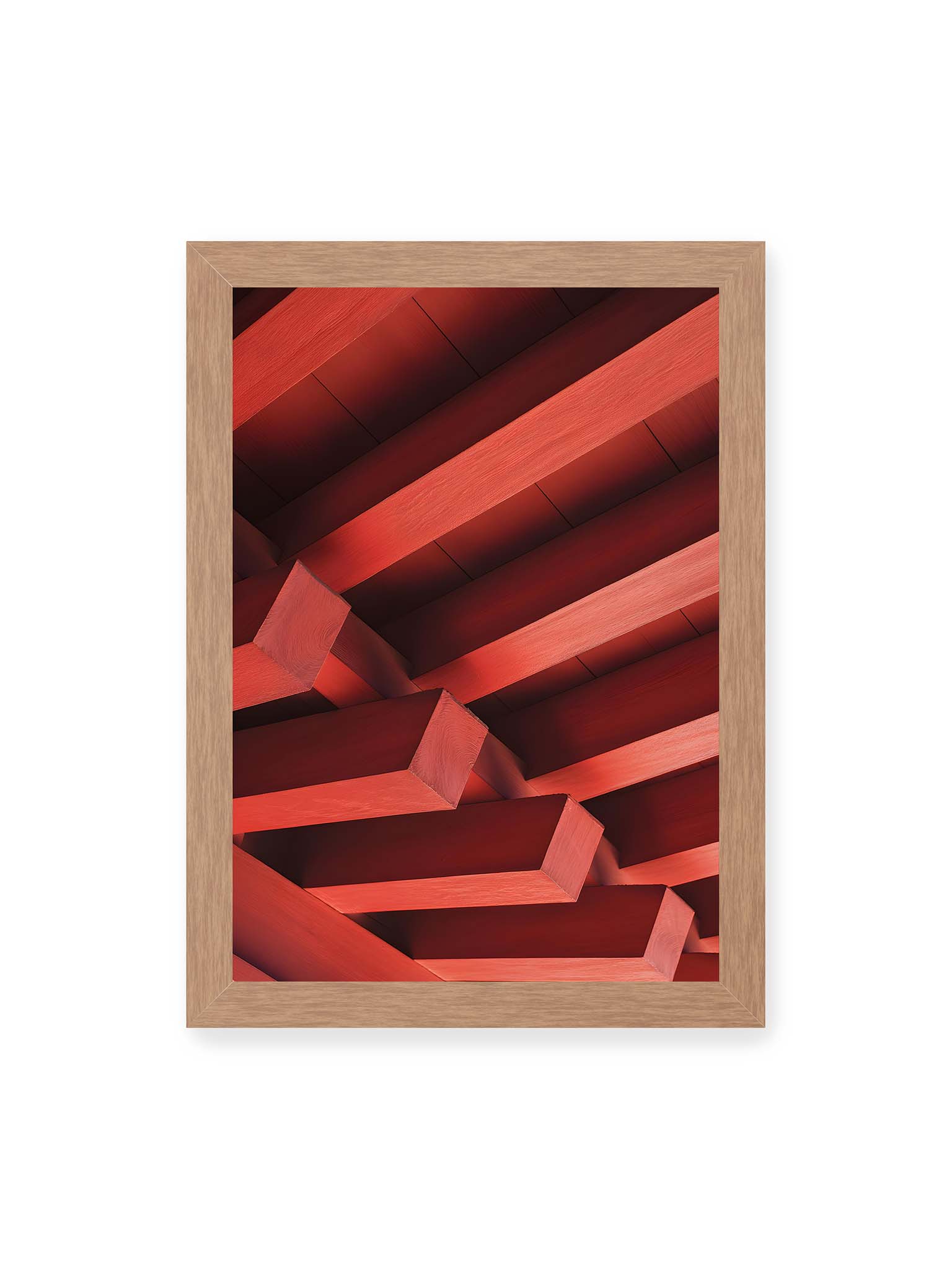 21x30 cm, Eichenrahmen – Rote Balken eines japanischen Tempels in diagonaler Anordnung bilden geometrische Struktur mit klaren Linien und Schatten.
