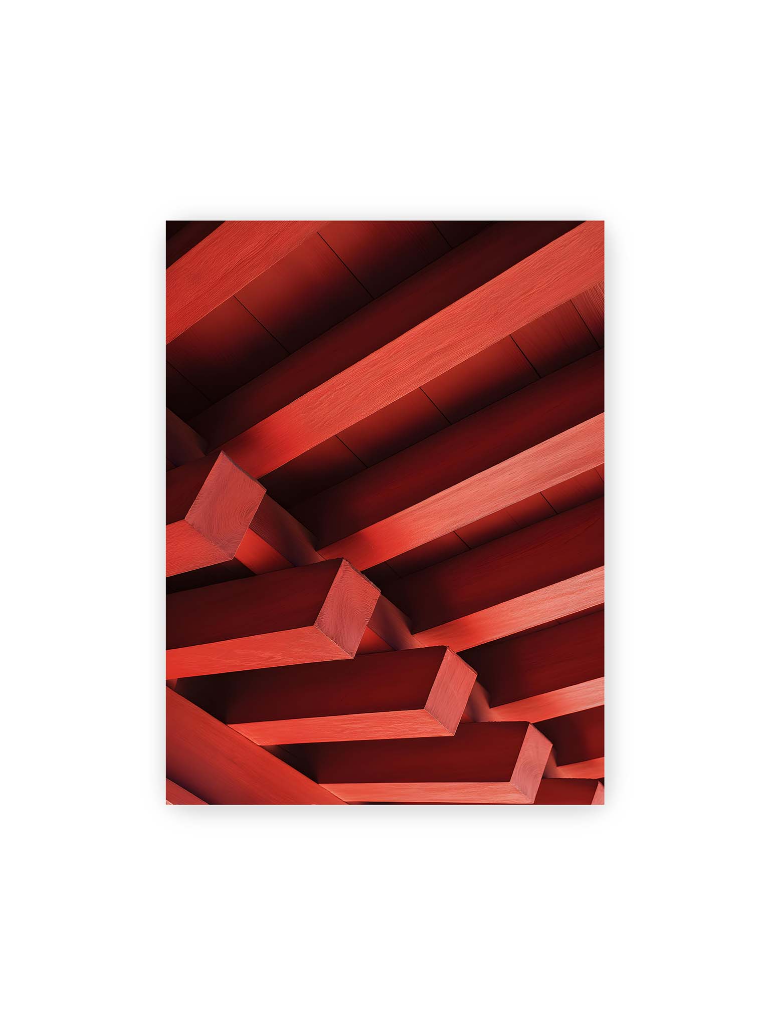 30x40 cm – Rote Balken eines japanischen Tempels in diagonaler Anordnung bilden geometrische Struktur mit klaren Linien und Schatten.
