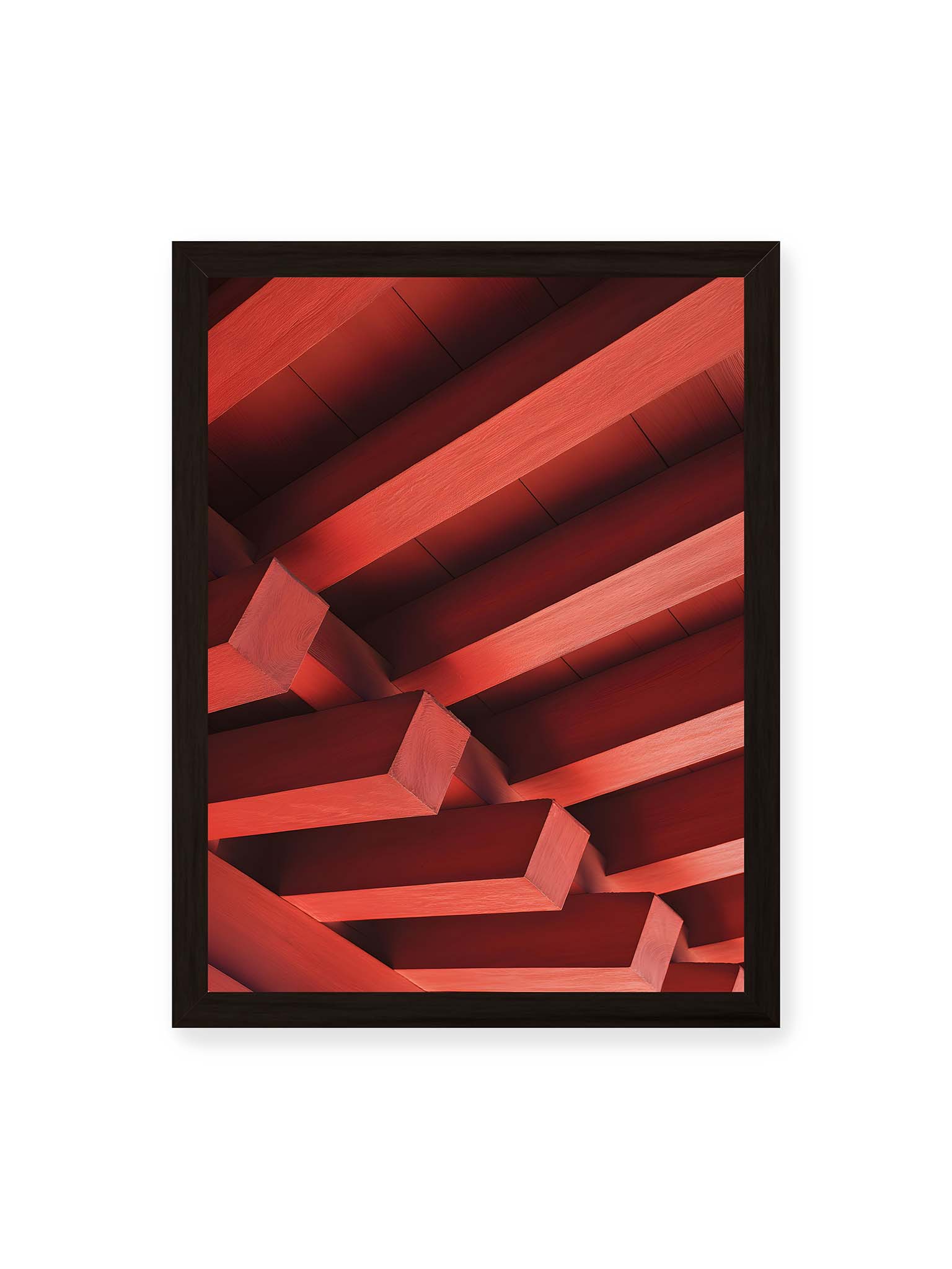 30x40 cm, schwarzer Rahmen – Rote Balken eines japanischen Tempels in diagonaler Anordnung bilden geometrische Struktur mit klaren Linien und Schatten.