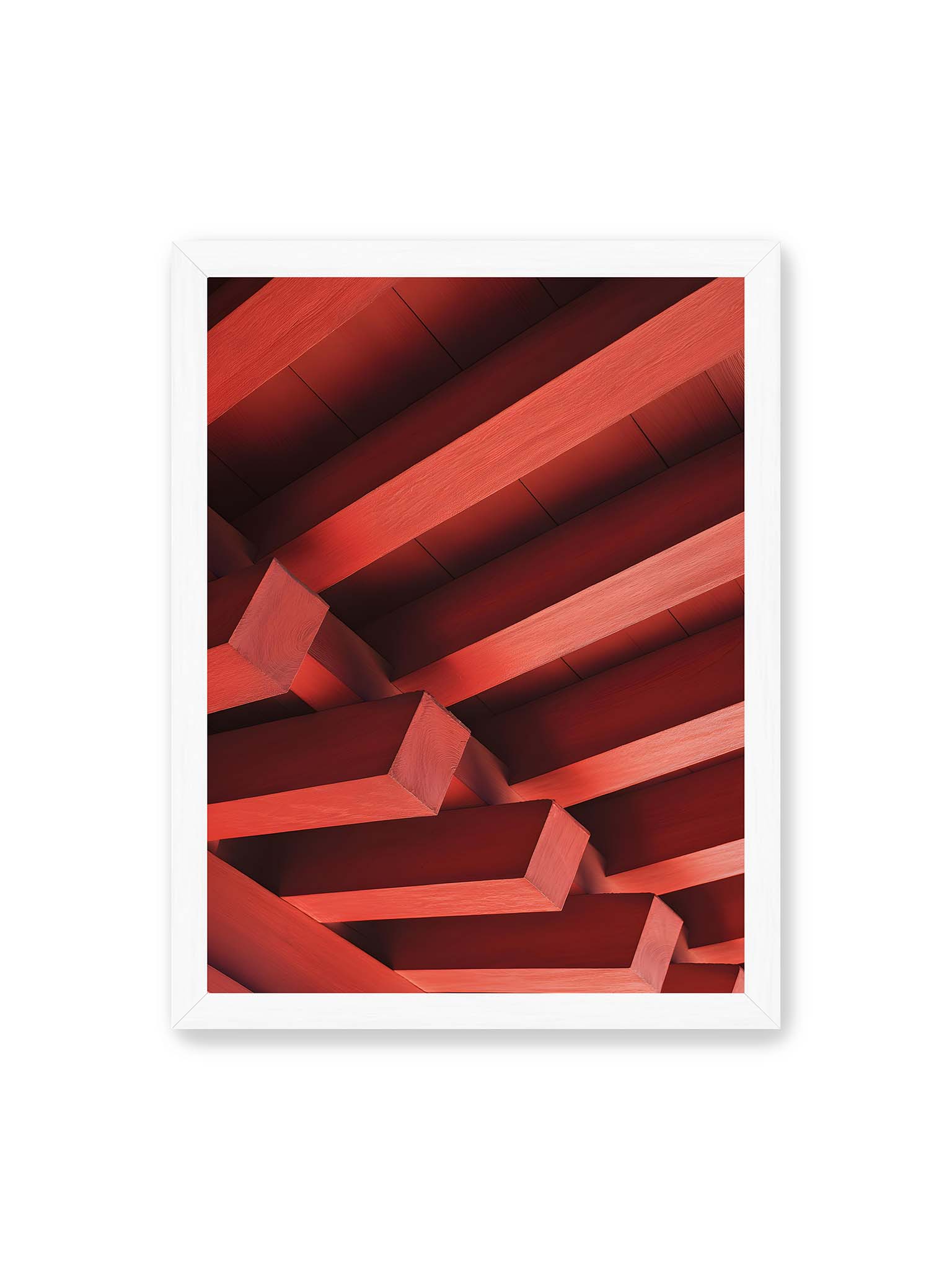30x40 cm, weißer Rahmen – Rote Balken eines japanischen Tempels in diagonaler Anordnung bilden geometrische Struktur mit klaren Linien und Schatten.