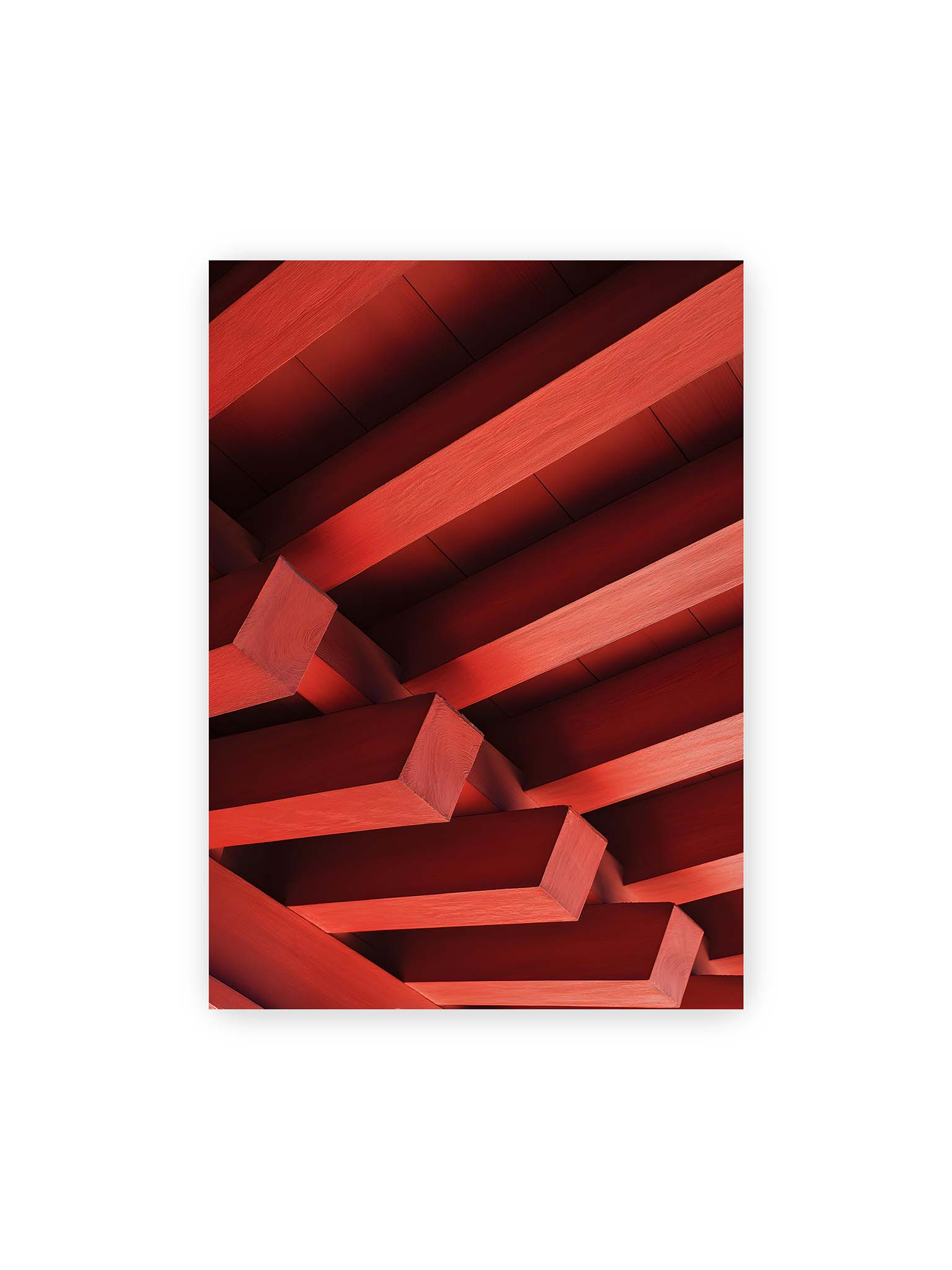 50x70 cm – Rote Balken eines japanischen Tempels in diagonaler Anordnung bilden geometrische Struktur mit klaren Linien und Schatten.