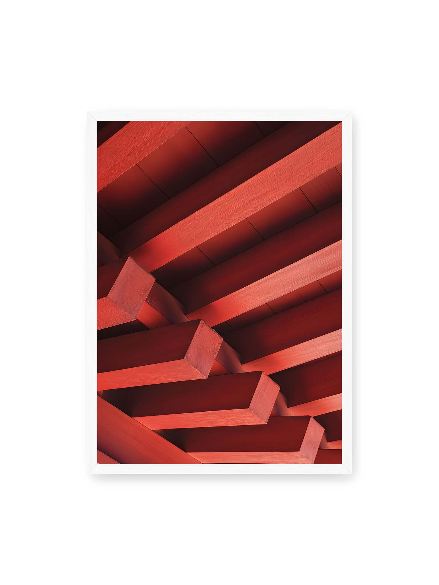 50x70 cm, weißer Rahmen – Rote Balken eines japanischen Tempels in diagonaler Anordnung bilden geometrische Struktur mit klaren Linien und Schatten.