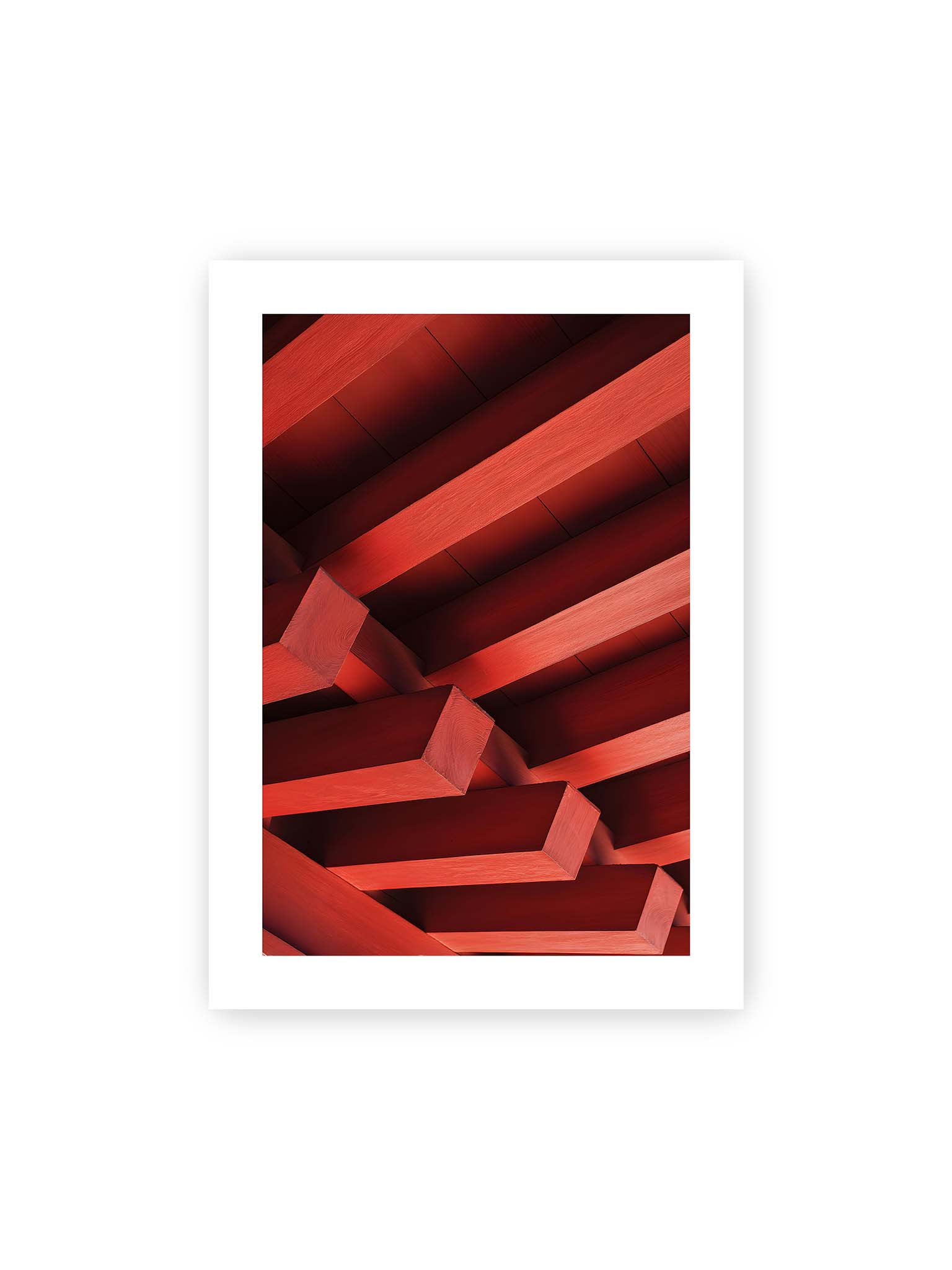 50x70 cm, weißer Galerie-Rand – Rote Balken eines japanischen Tempels in diagonaler Anordnung bilden geometrische Struktur mit klaren Linien und Schatten.