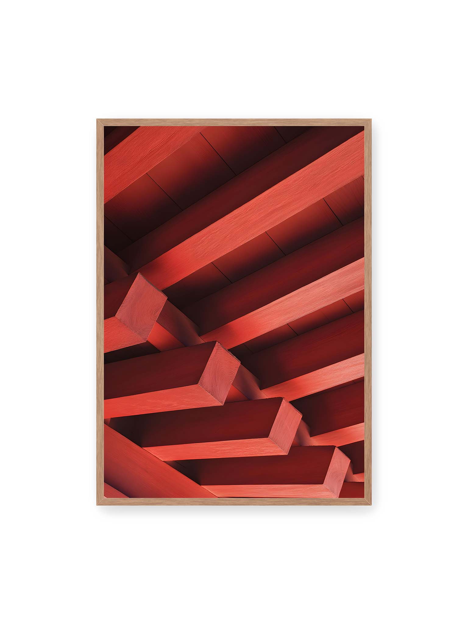 70x100 cm, Eichenrahmen – Rote Balken eines japanischen Tempels in diagonaler Anordnung bilden geometrische Struktur mit klaren Linien und Schatten.