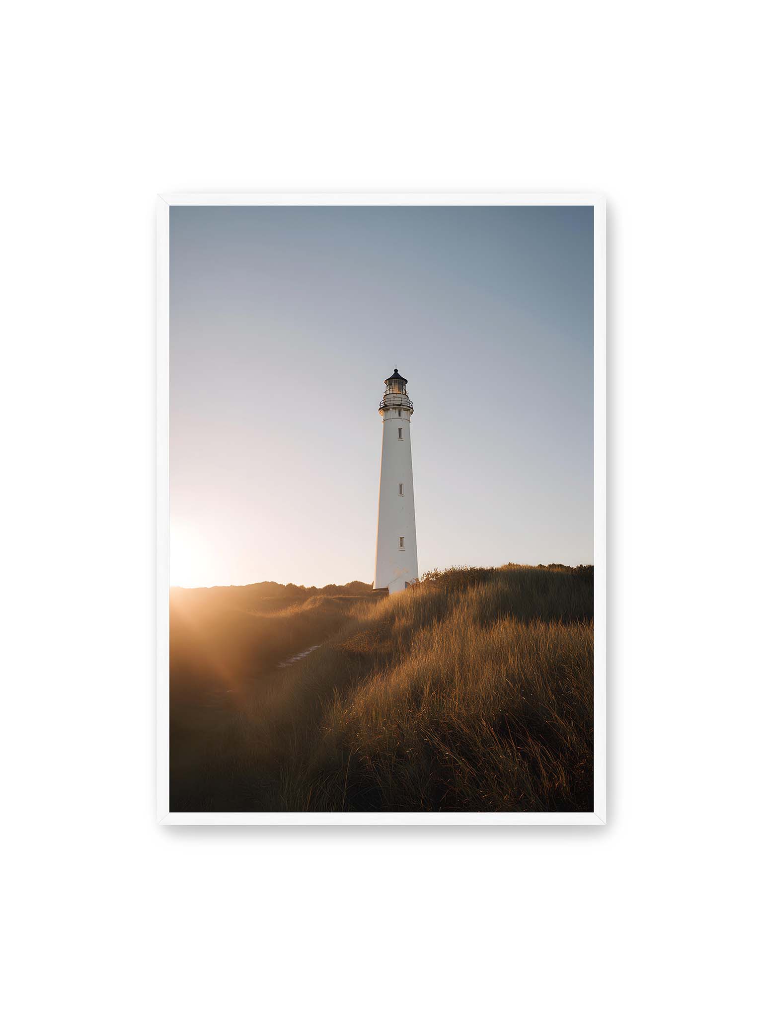 70x100 cm, weißer Rahmen – Weißer Leuchtturm über Dünen im warmen Abendlicht mit sanftem Himmel im Hintergrund.