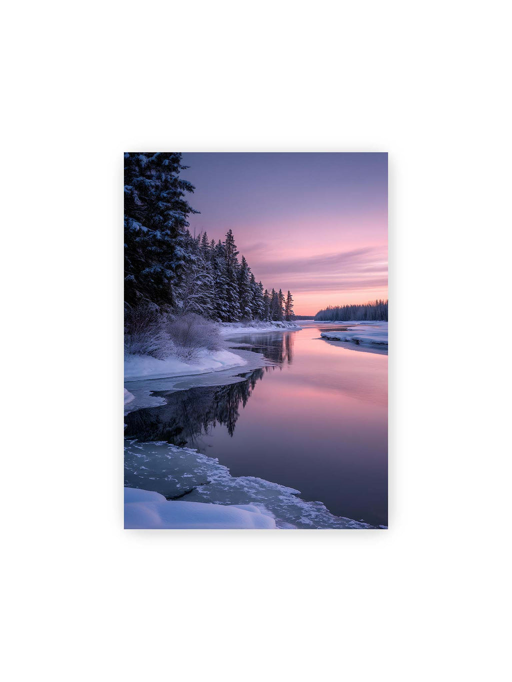 21x30 cm – Verschneiter Fluss bei Sonnenuntergang mit rosa Himmel und spiegelnder Wasseroberfläche in winterlicher Landschaft.