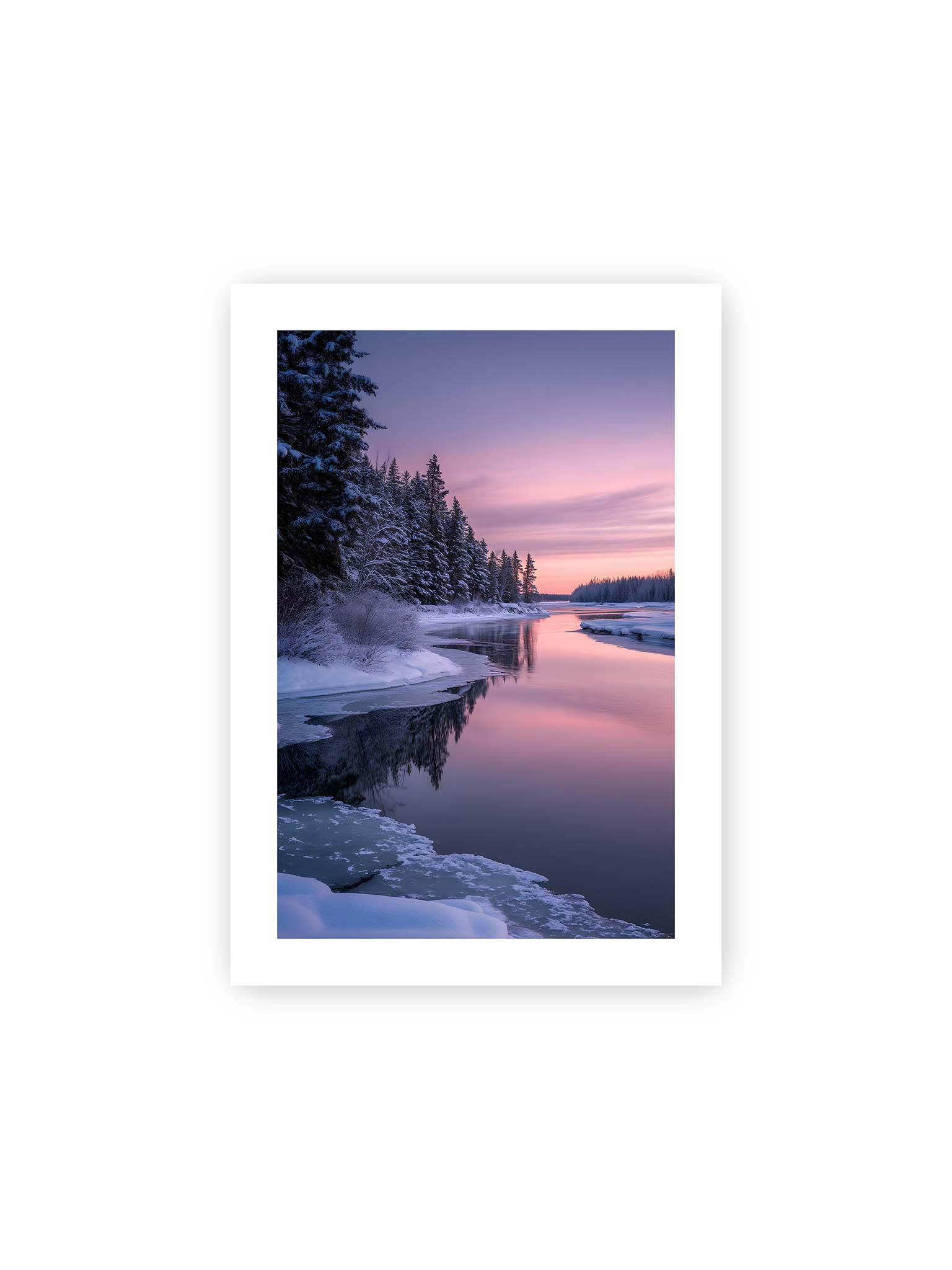 21x30 cm, weißer Galerie-Rand – Verschneiter Fluss bei Sonnenuntergang mit rosa Himmel und spiegelnder Wasseroberfläche in winterlicher Landschaft.