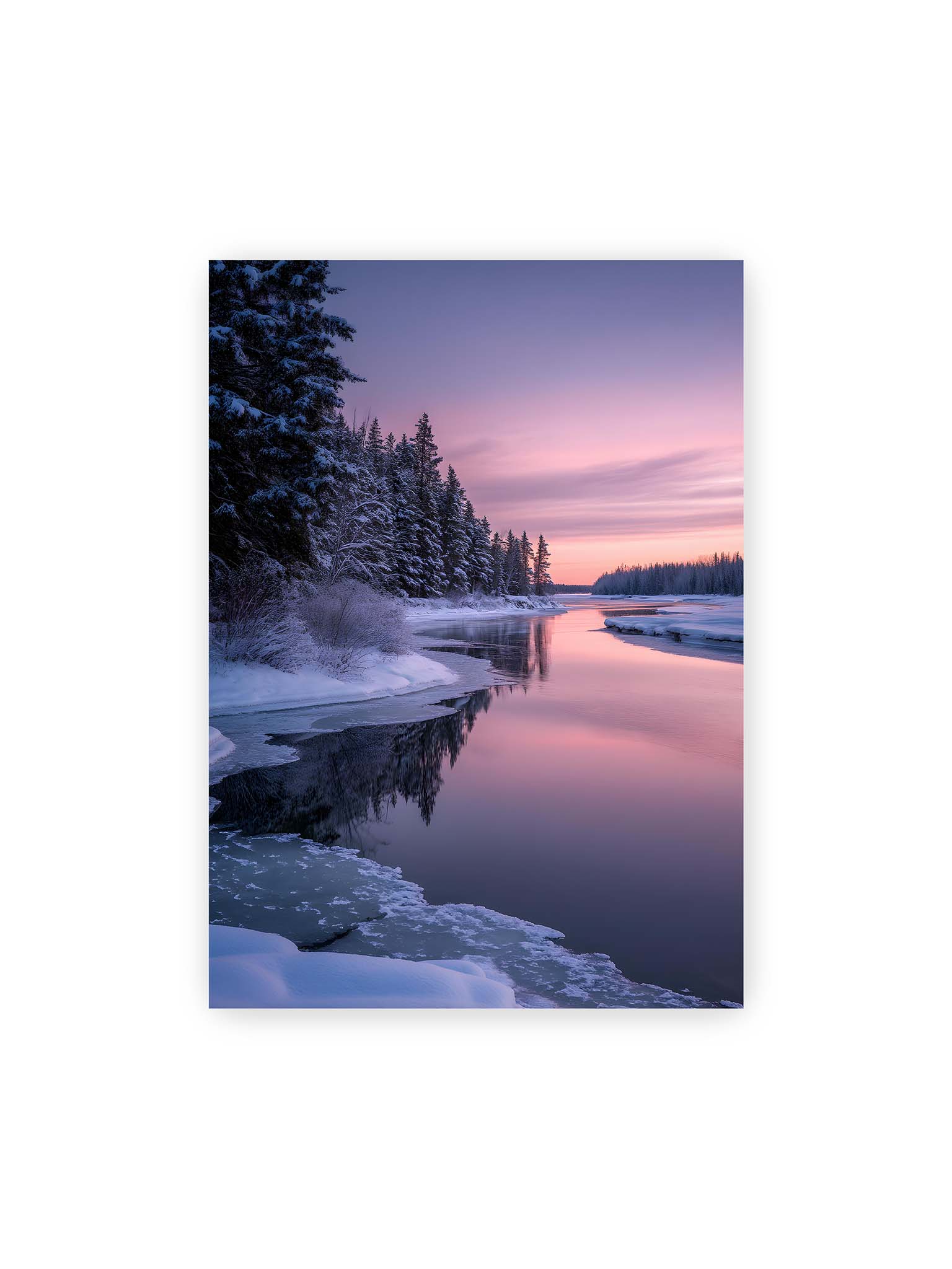 50x70 cm – Verschneiter Fluss bei Sonnenuntergang mit rosa Himmel und spiegelnder Wasseroberfläche in winterlicher Landschaft.