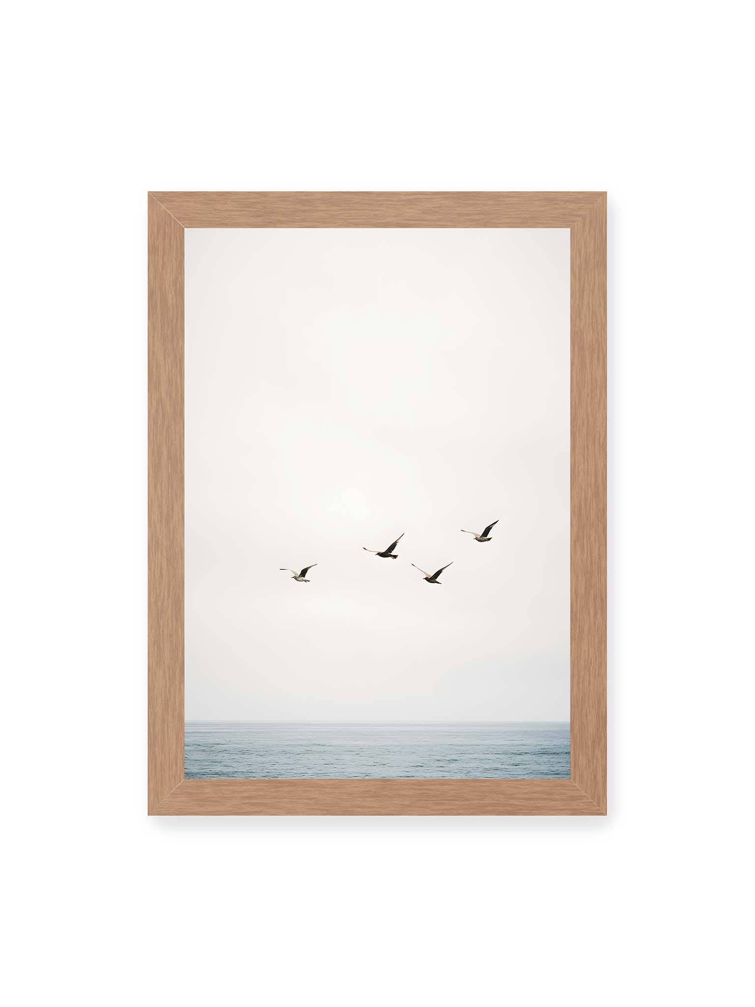 21x30 cm, Eichenrahmen – Vier Vögel fliegen in Formation über ein ruhiges Meer unter einem weiten, hellen Himmel.