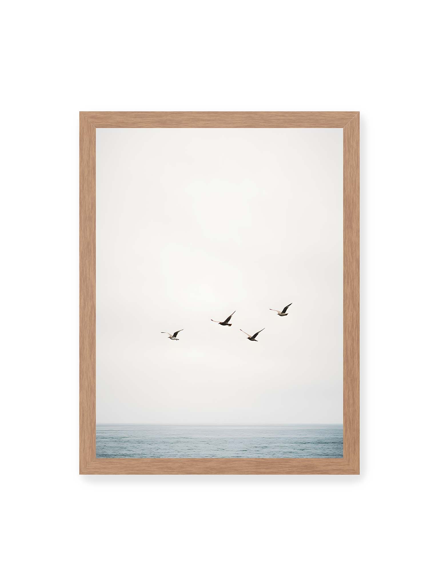 30x40 cm, Eichenrahmen – Vier Vögel fliegen in Formation über ein ruhiges Meer unter einem weiten, hellen Himmel.