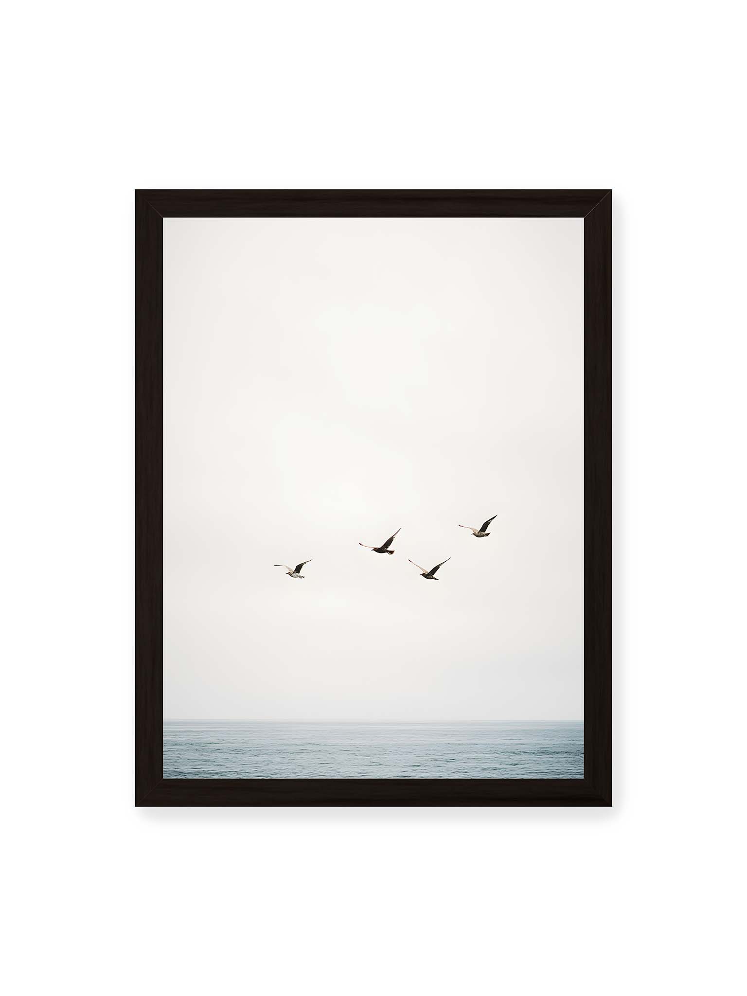 30x40 cm, schwarzer Rahmen – Vier Vögel fliegen in Formation über ein ruhiges Meer unter einem weiten, hellen Himmel.