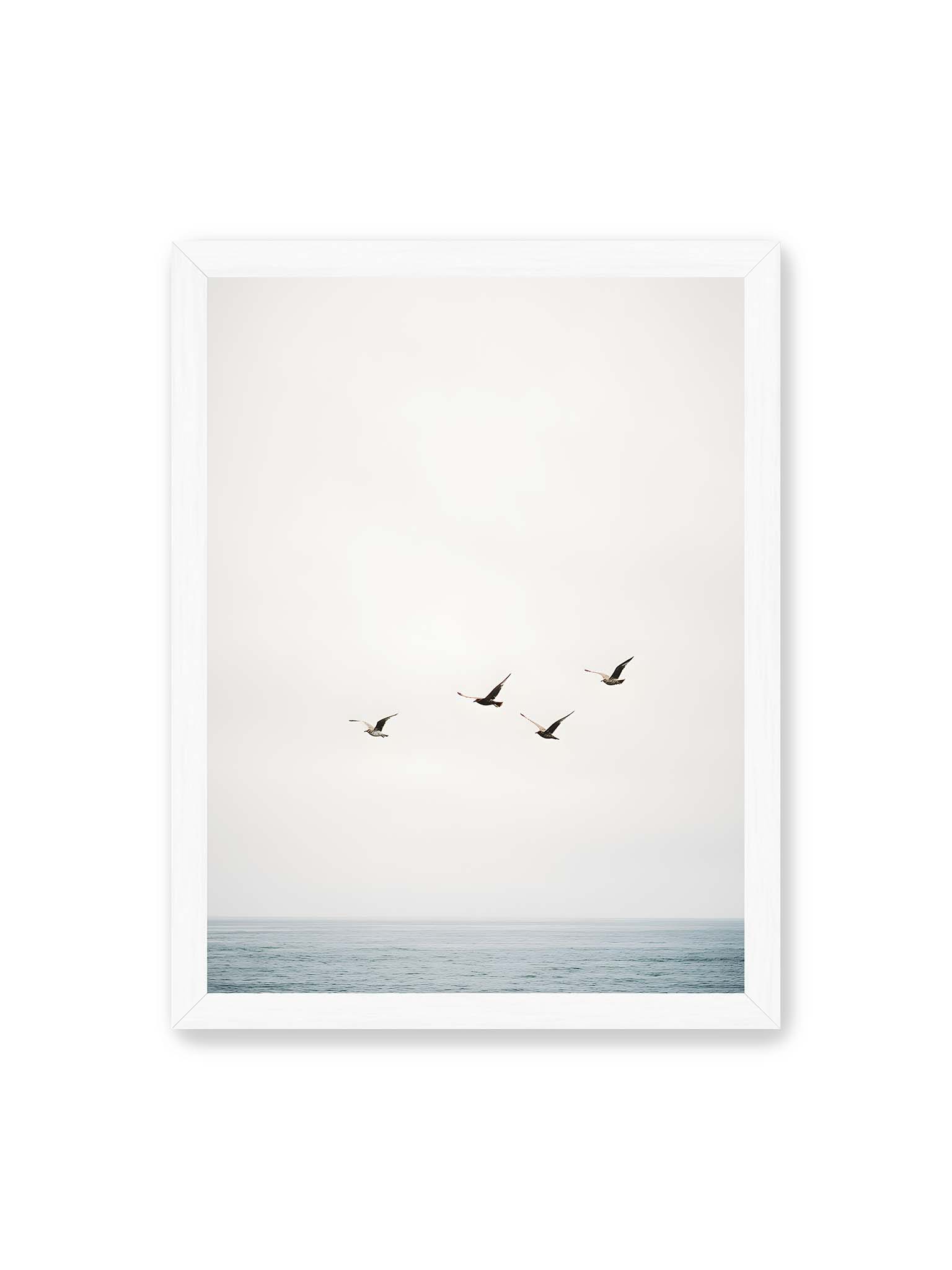 30x40 cm, weißer Rahmen – Vier Vögel fliegen in Formation über ein ruhiges Meer unter einem weiten, hellen Himmel.