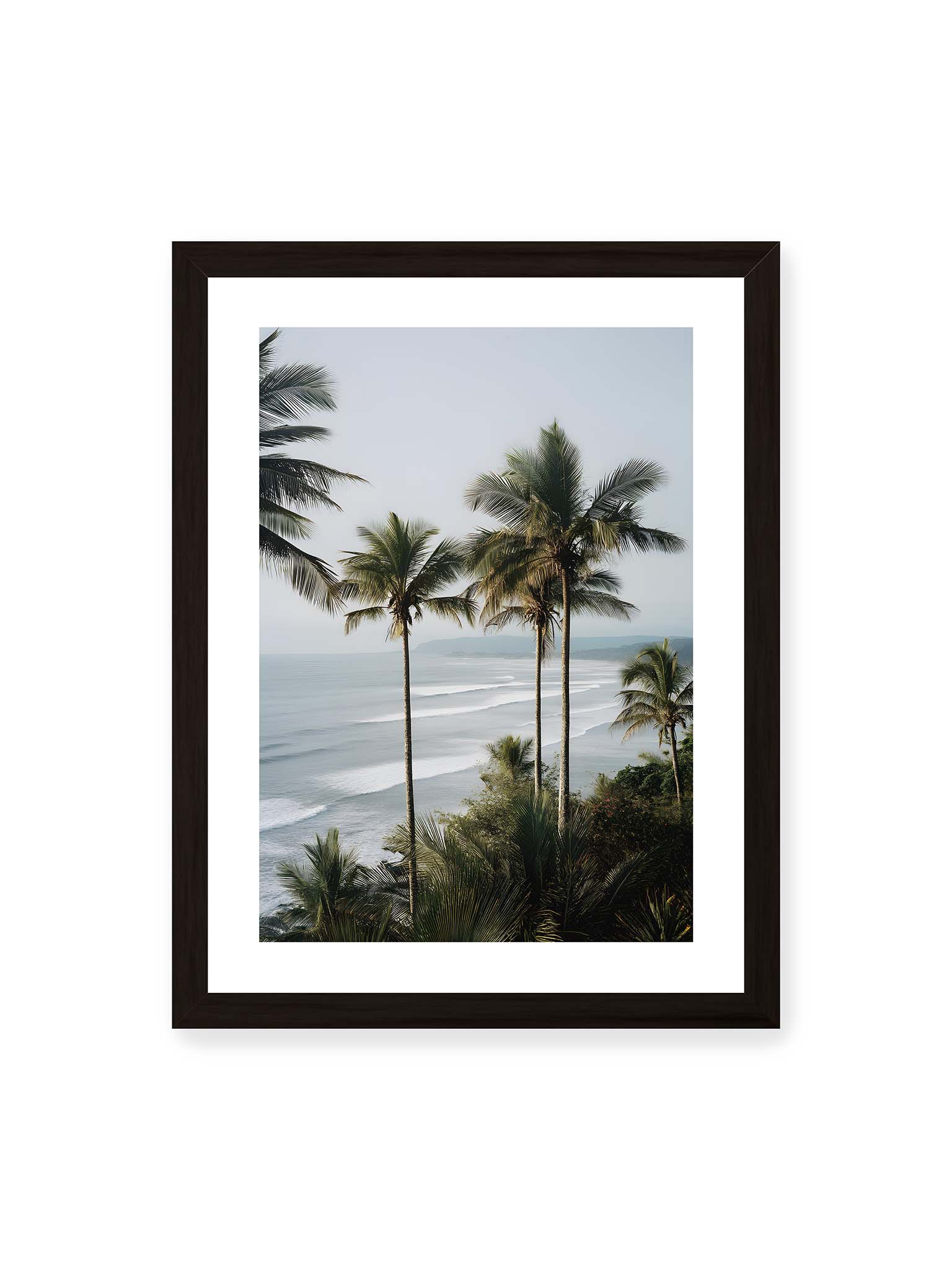 30x40 cm, weißer Galerie-Rand, schwarzer Rahmen – Hohe Palmen über einer Küstenlandschaft mit sanften Wellen und ruhigem Meer im diffusen Licht.