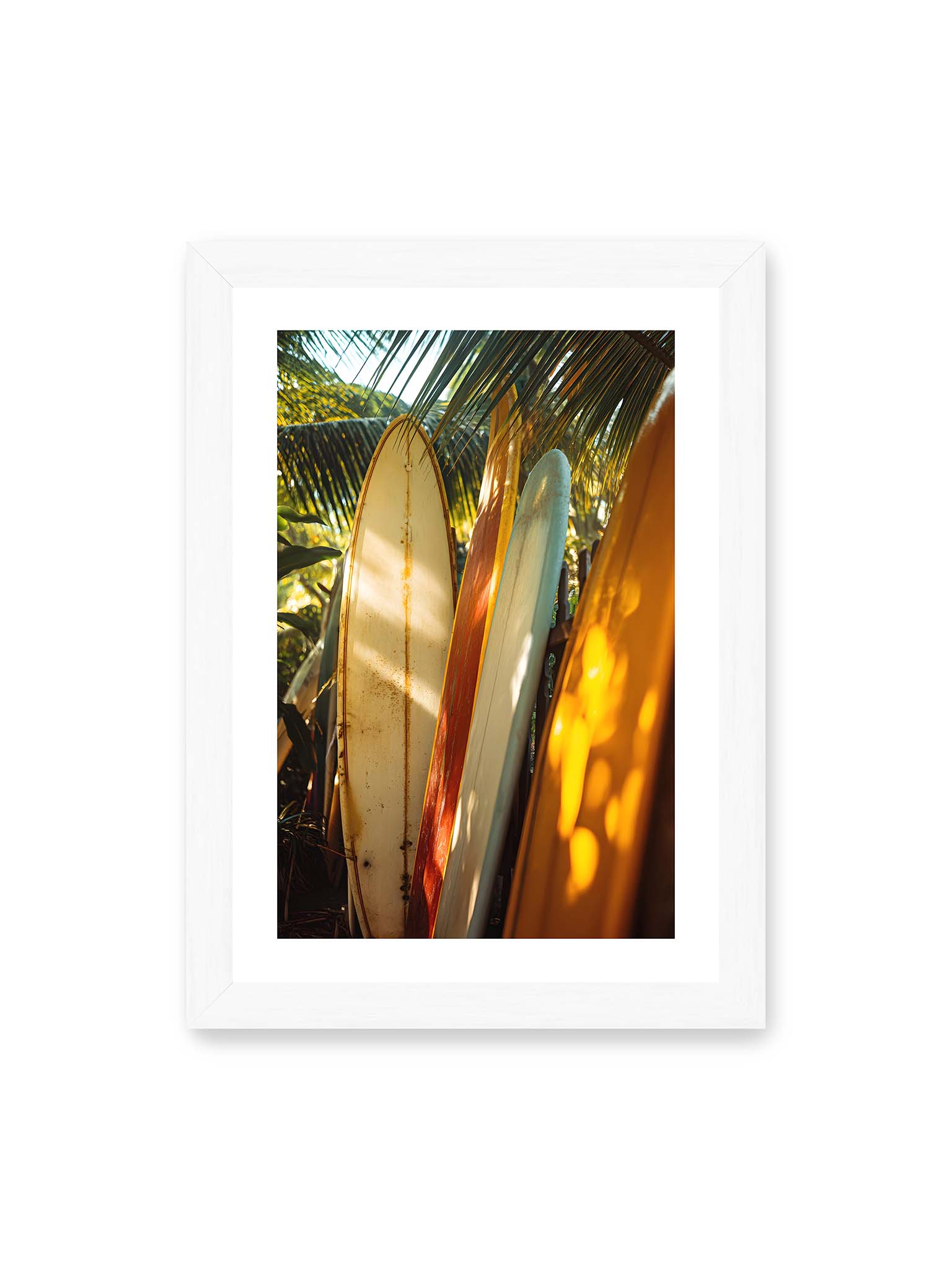 21x30 cm, weißer Galerie-Rand, weißer Rahmen – Mehrere Surfboards lehnen unter Palmen im warmen Licht mit Schatten und natürlichen Farben in tropischer Umgebung.