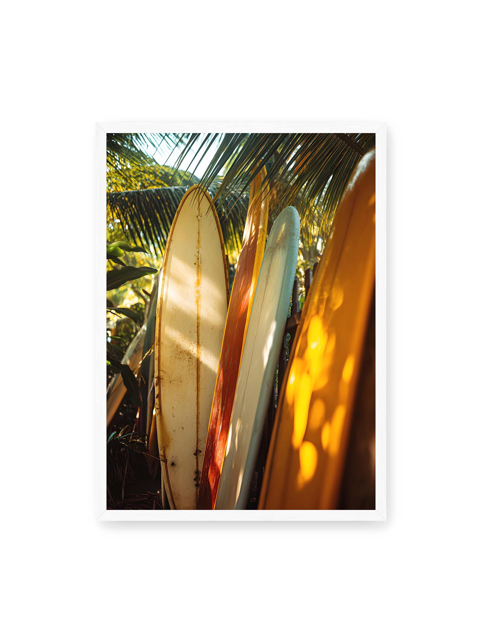 50x70 cm, weißer Rahmen – Mehrere Surfboards lehnen unter Palmen im warmen Licht mit Schatten und natürlichen Farben in tropischer Umgebung.