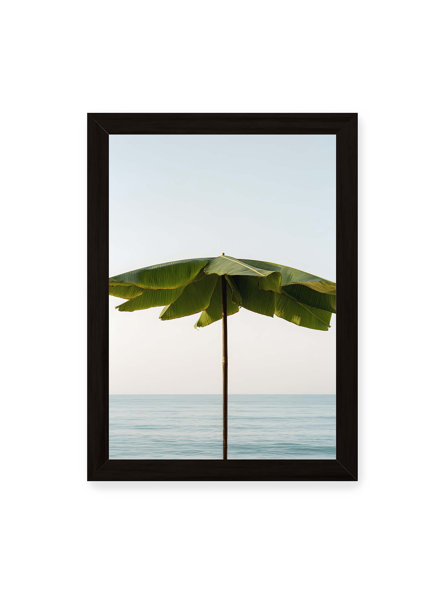 21x30 cm, schwarzer Rahmen – Sonnenschirm aus großen grünen tropischen Blättern vor ruhigem Meer mit klarer Horizontlinie und hellem Himmel.