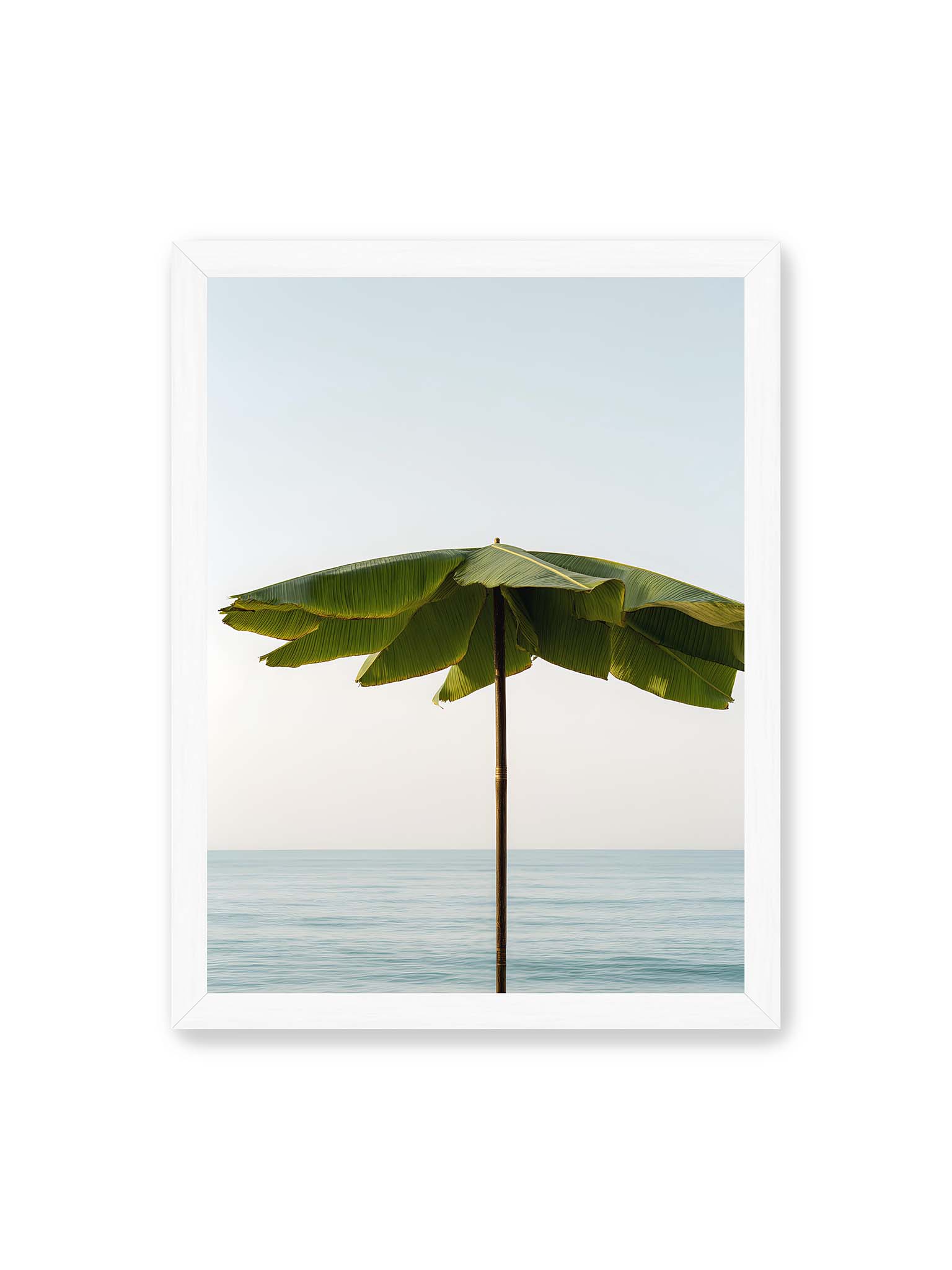 30x40 cm, weißer Rahmen – Sonnenschirm aus großen grünen tropischen Blättern vor ruhigem Meer mit klarer Horizontlinie und hellem Himmel.